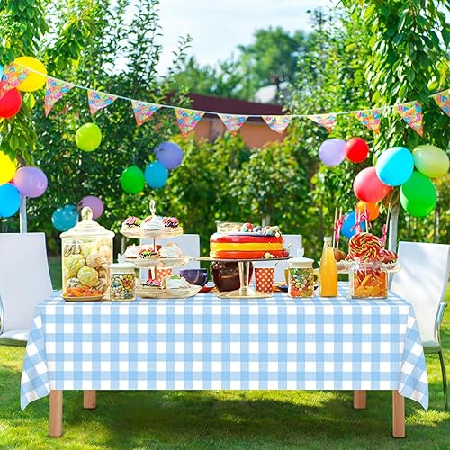 Miniatura 2 de 4 manteles rectangulares de cuadros azul claro de 54 x 108 pulgadas, mantel de guinga azul desechable, de plástico impermeable, para picnic al aire
