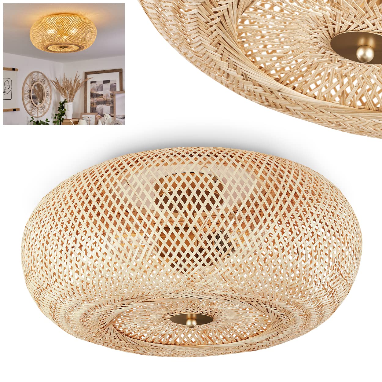 Hofstein Brass Ceiling Light Bauro, Round Ceiling Lamp Made Of Wood/Metal In Natural/ Colours, Lattice-Look Lamp With Great Lighting Effects On The Ceiling, Ø 46 Cm, 3-Flame, 3 X E27, Bulbs Not Included