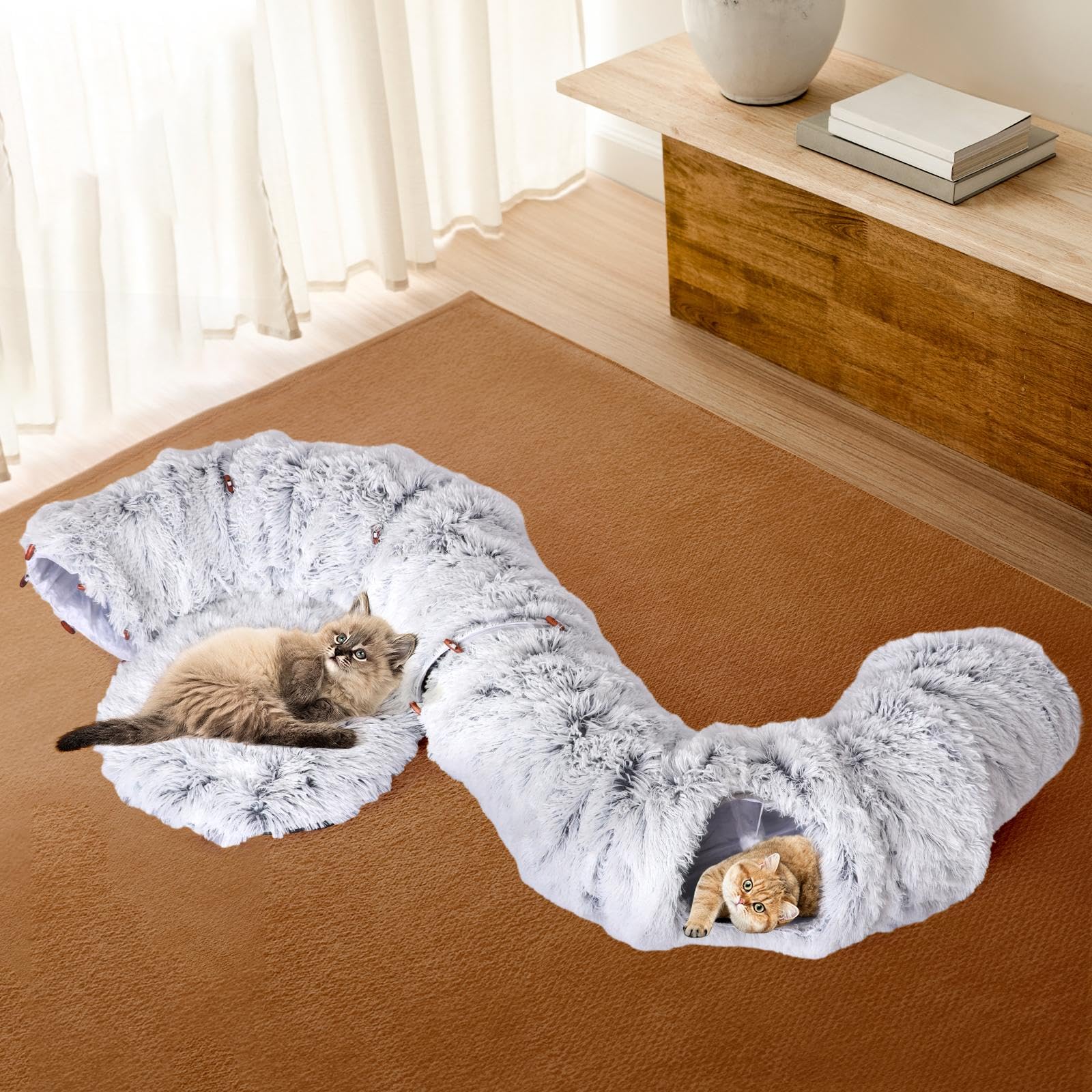 Baoblaze Plüsch Katzentunnel mit Schlafplatz, Katzen Spieltunnel 3 in 1, Ultra weiche Runde Donut Form mit Spiel, Cat Tunnel Bed, Rascheltunnel Für Katzen, GRAU