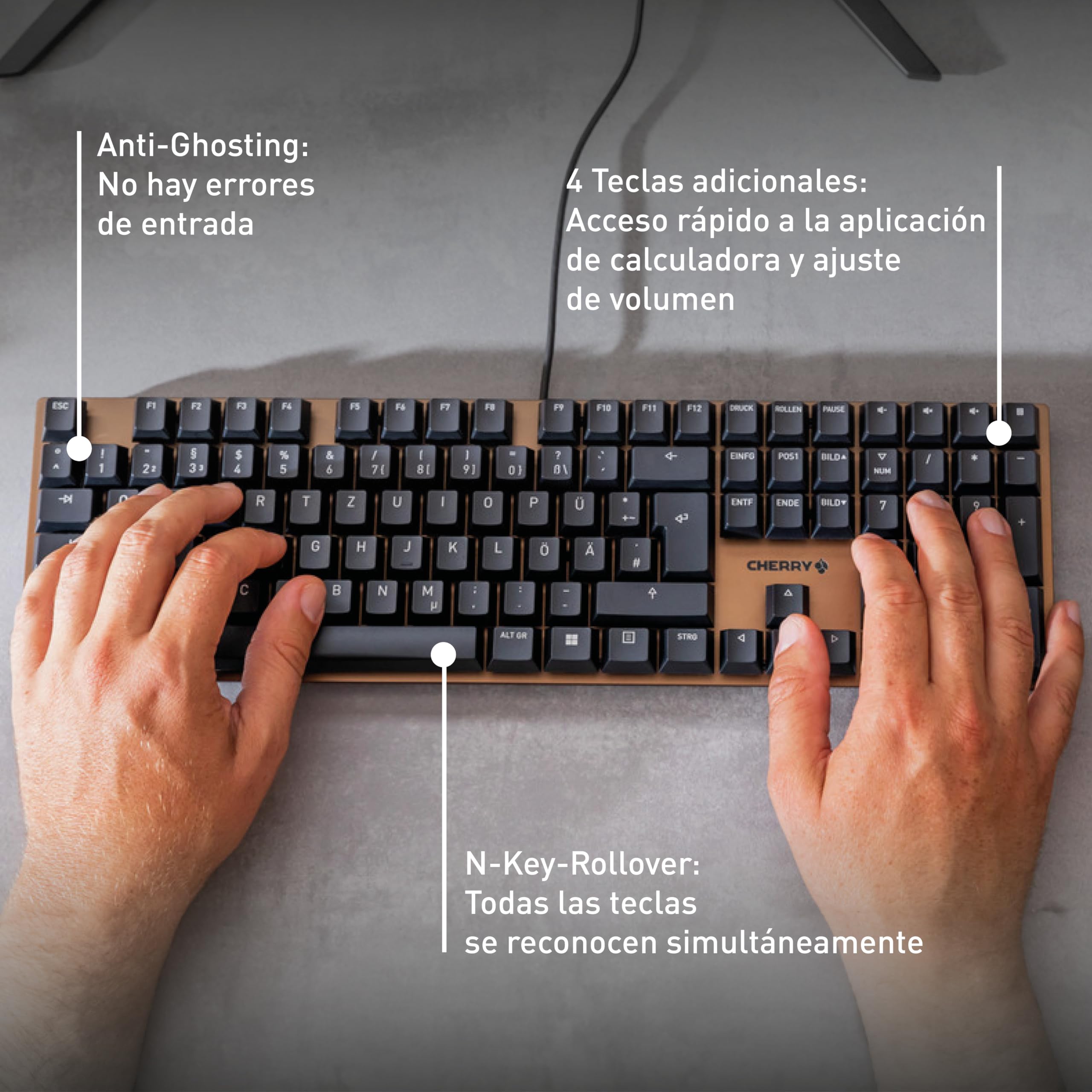 CHERRY KC 200 MX, Teclado Mecánico de Oficina con Placa de Metal Anodizado, Distribución de Teclado Inglés EE. UU. (QWERTY), con Cable, Switches MX2A SILENT RED, Negro/Bronce | Diseño moderno, superficie de aluminio, conexión USB-A, negro/bronce, teclas s