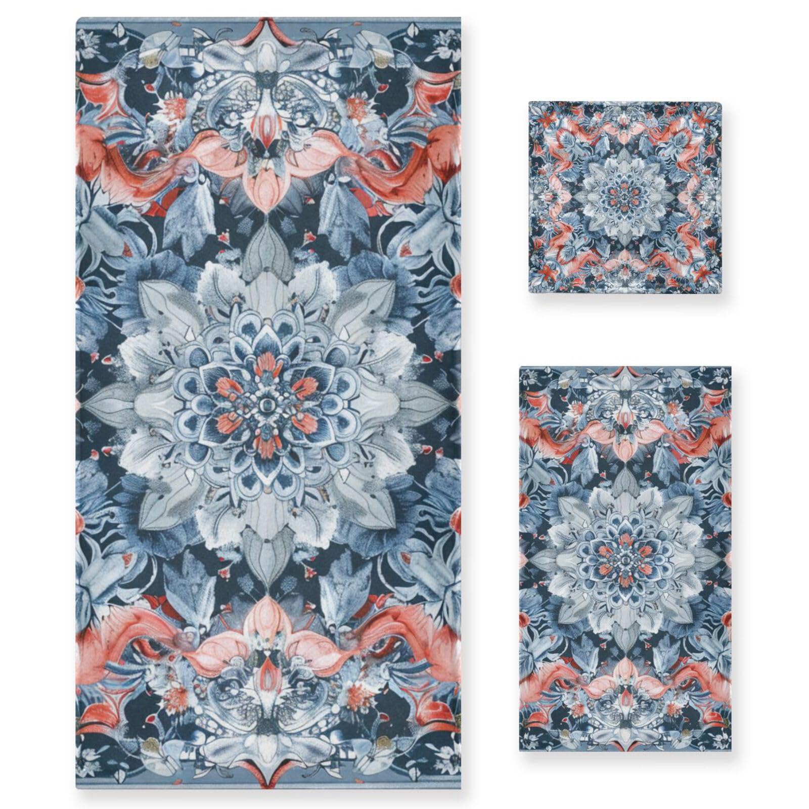 Set di 3 asciugamani decorativi per il viso in stile bohémien, motivo floreale, blu, 1 asciugamano da bagno, 1 asciugamano, 1 panno per la casa, cucina e famiglia