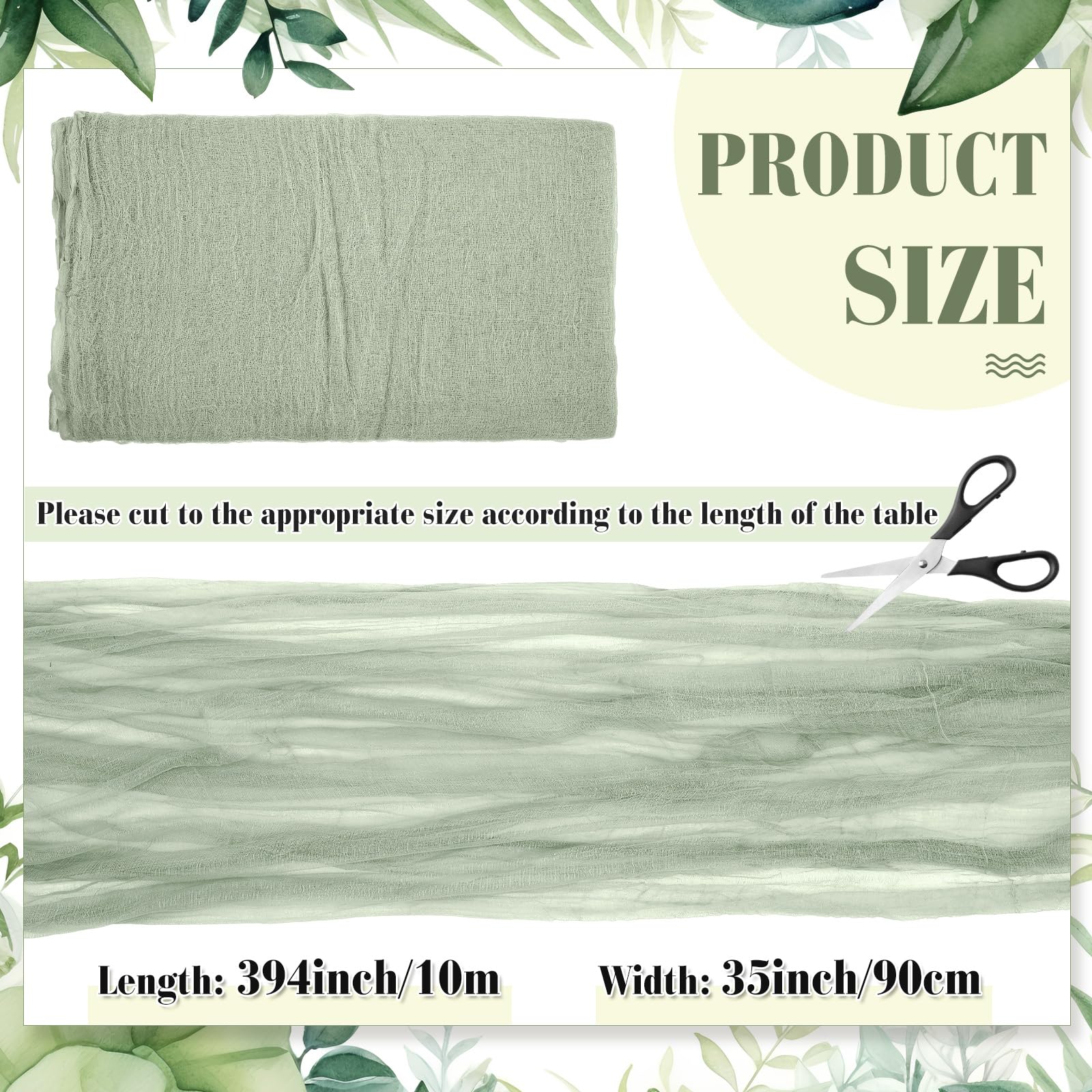 Boao 35.43 x 393.7 Inch Sage Green Cheese Cloth Table Runner Boho Gauze Fabric Cheesecloth Roll for Wedding Baby Shower St. Patrick's Day Easter Holiday Home Party Decorations