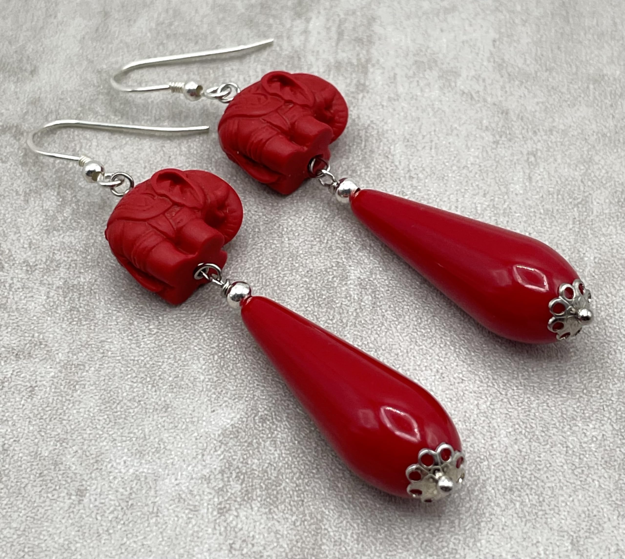 Orecchini con Elefanti in Lacca e Gocce Rosse, Pendenti in Argento 925, Gioielli Orientali, Bijoux Moderni, Regalo per Lei