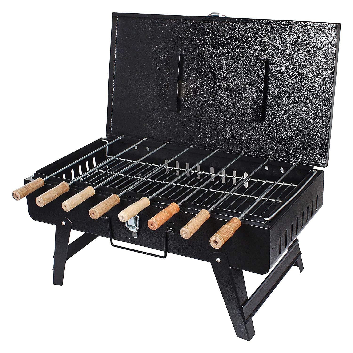 BKR® Iron Suitcase Charcoal Barbeque Grill with 8pcs Skewers Set for Home, Garden or Outdoor Places (Stellar Black)-image-5