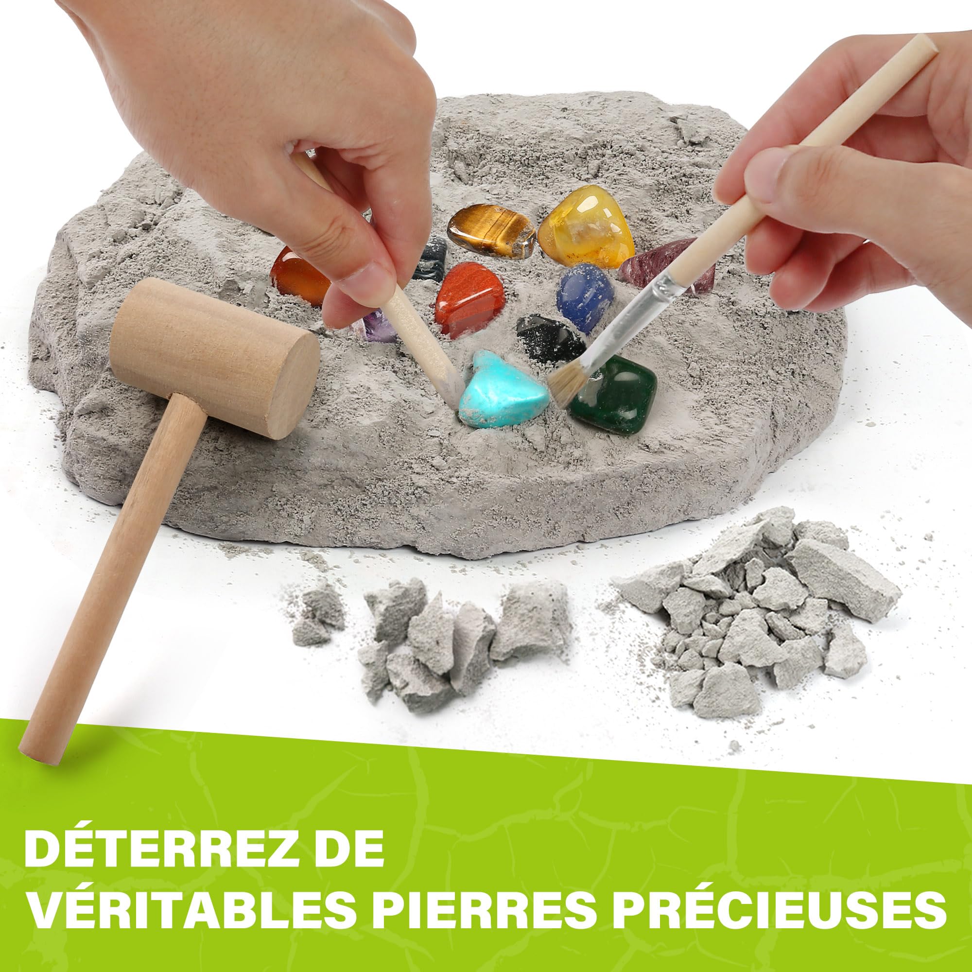 LotFancy Kit de Fouille de Pierres Précieuses - 20 Vraies Gemmes, Kit Scientifique pour Enfants 6-10 Ans, Cadeau Garçons Filles