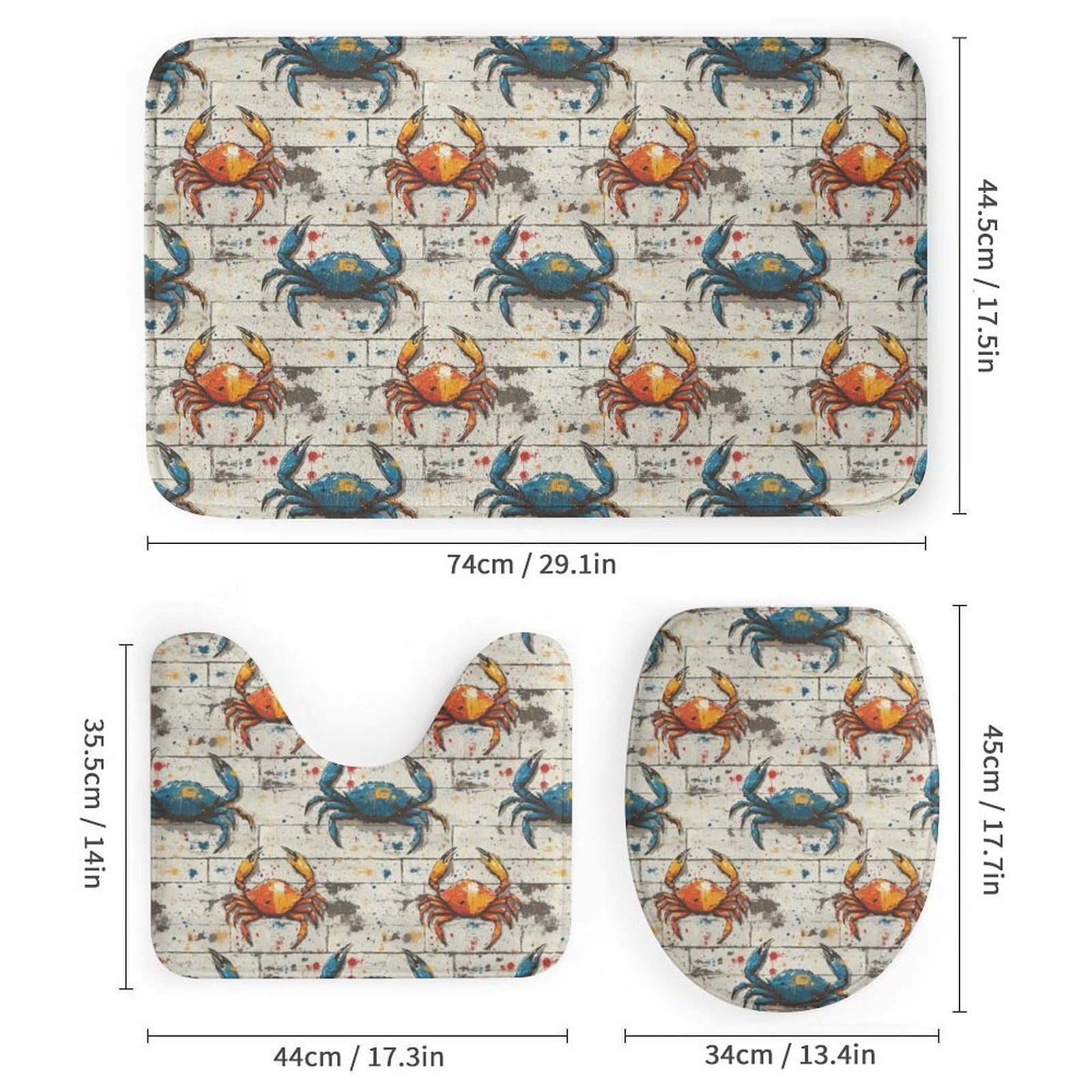 Ensemble de 4 pièces de salle de bain avec rideau de douche et tapis – Tapis de salle de bain tendance et moderne imprimé crabe bleu orange – Accessoires de décoration pour forme de U et tapis de