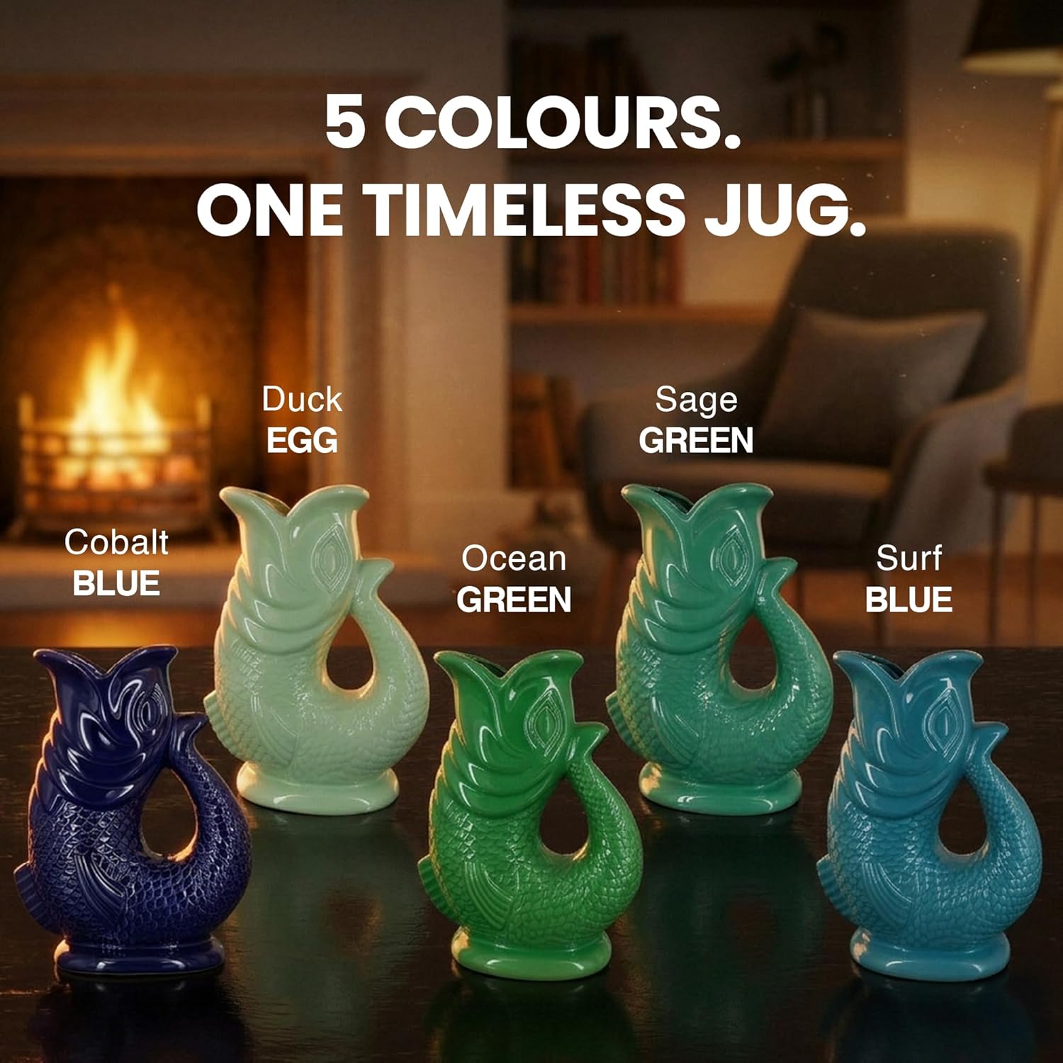Gurgle Glug Jug The Bubble Jug® Ocean Green 50 fl oz 1.5L Litre Extra Large Pitcher - Fish Shaped Jug - Decorative Ceramic Glugging Cocktail, Water and Gin Vase and Gurgling Carafe Pot