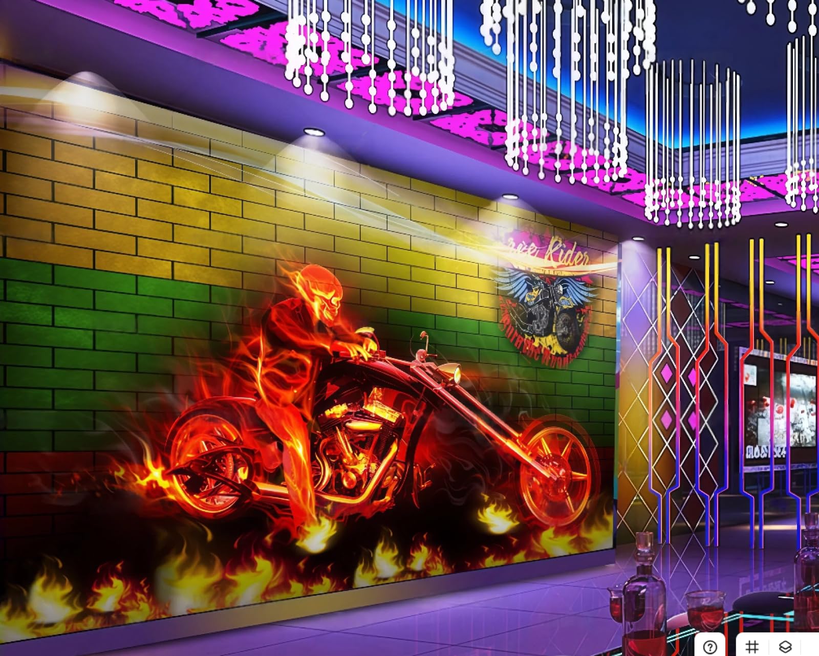 XDOUBAO Wallpaper Colorful Brick Wall Flame Motorcycle Bar Nightclub Theme Afternoon Tea Western Restaurant Background Wall Wallpaper Coffee Shop Mural,3D,430x300cm