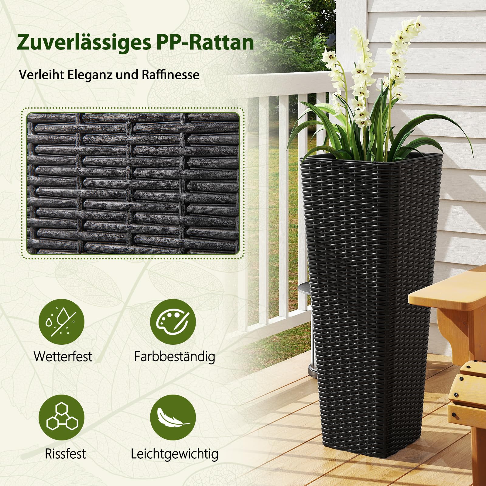 RELAX4LIFE 2er Set Pflanzkübel, 82 cm / 60 cm hoch, Rattan Blumentopf wetterfest, Pflanzentopf mit Entwässerungslöchern, Übertopf für Garten, Balkon und Veranda (Schwarz)