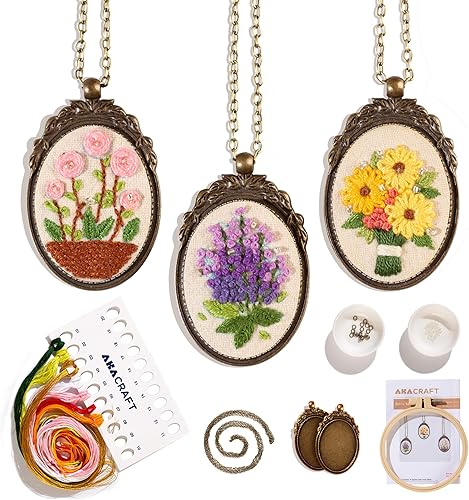 Miniatura 1 de Akacraft Kit de iniciación de bordado de la serie de collares retro, tela de lona con patrón estampado, aro de bordado, pedestal y cadena de latón,
