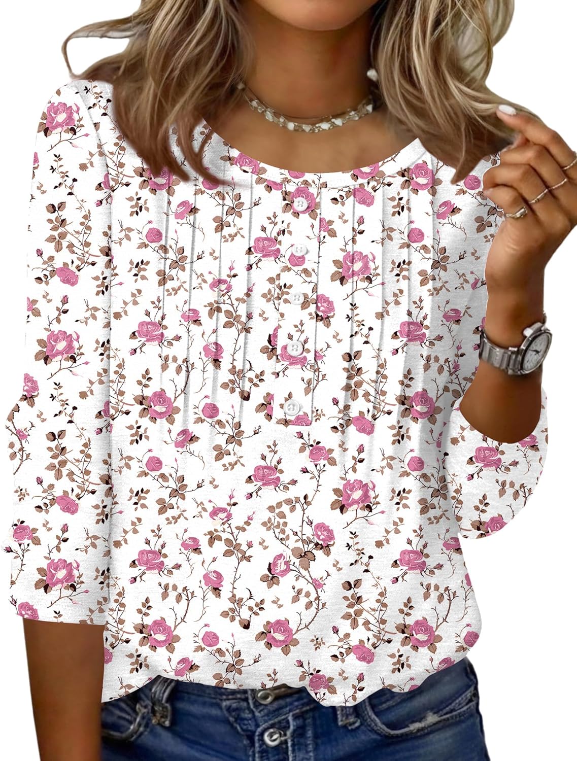 Zeagoo 3/4 Length Sleeve Womens Tops Round Neck Casual Summer Tunic Tops Basic Tees Blouses Dressy T-Shirts Pleated Shirts