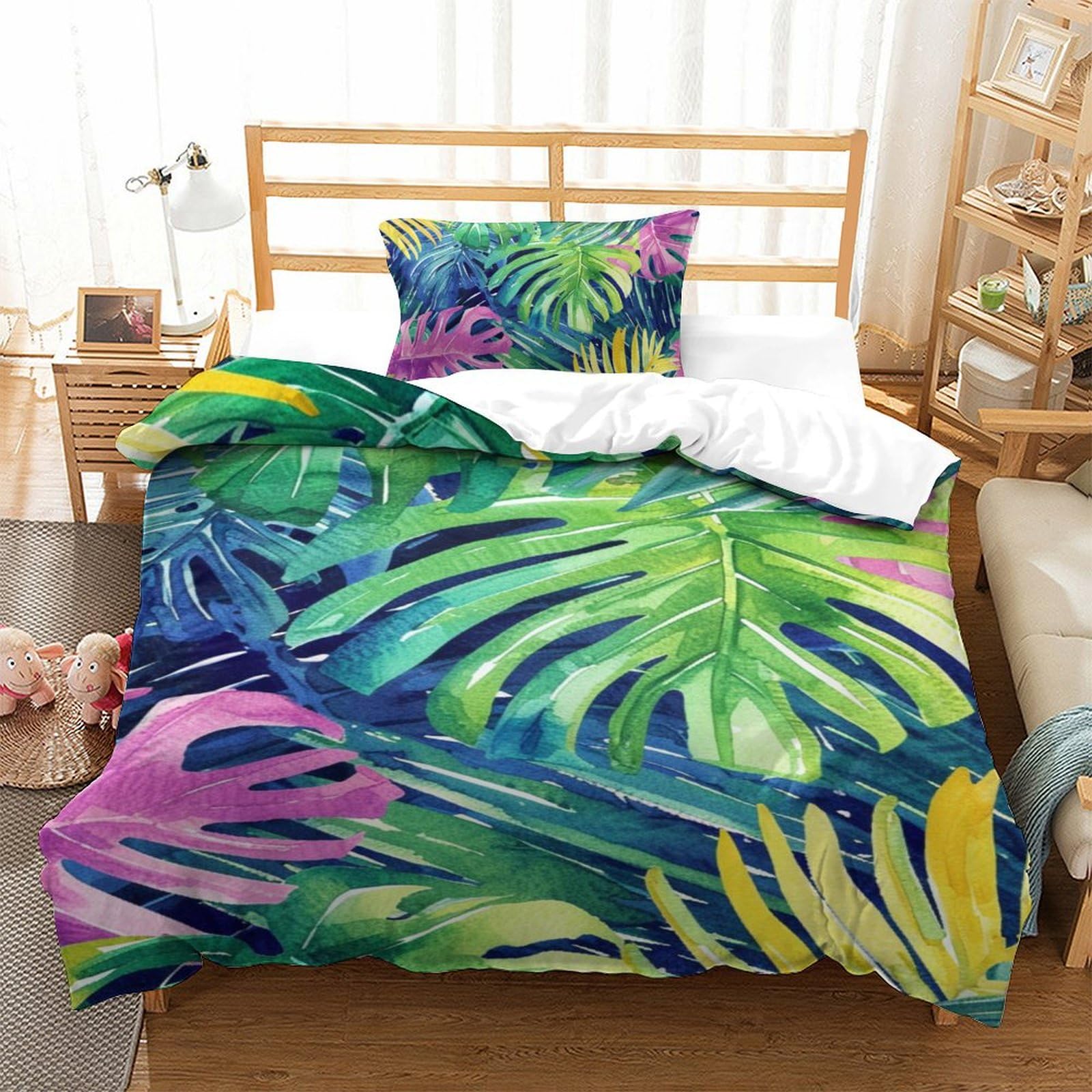 Parure housse de couette imprimée palmier 135x200cm en microfibre premium