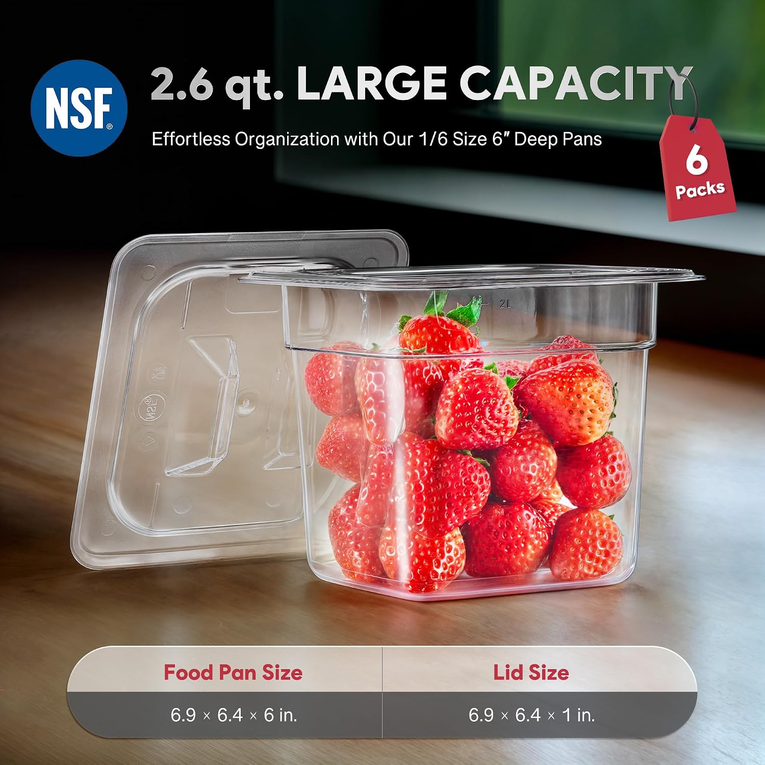 Wilprep 6 Pack Plastic Food Pans with Lids NSF Listed, 1/6 Size 6 in Deep Clear Food Storage Containers, 2.6 qt Stackable Polycarbonate Commercial Hotel for Fruits Vegetables Beans Corns