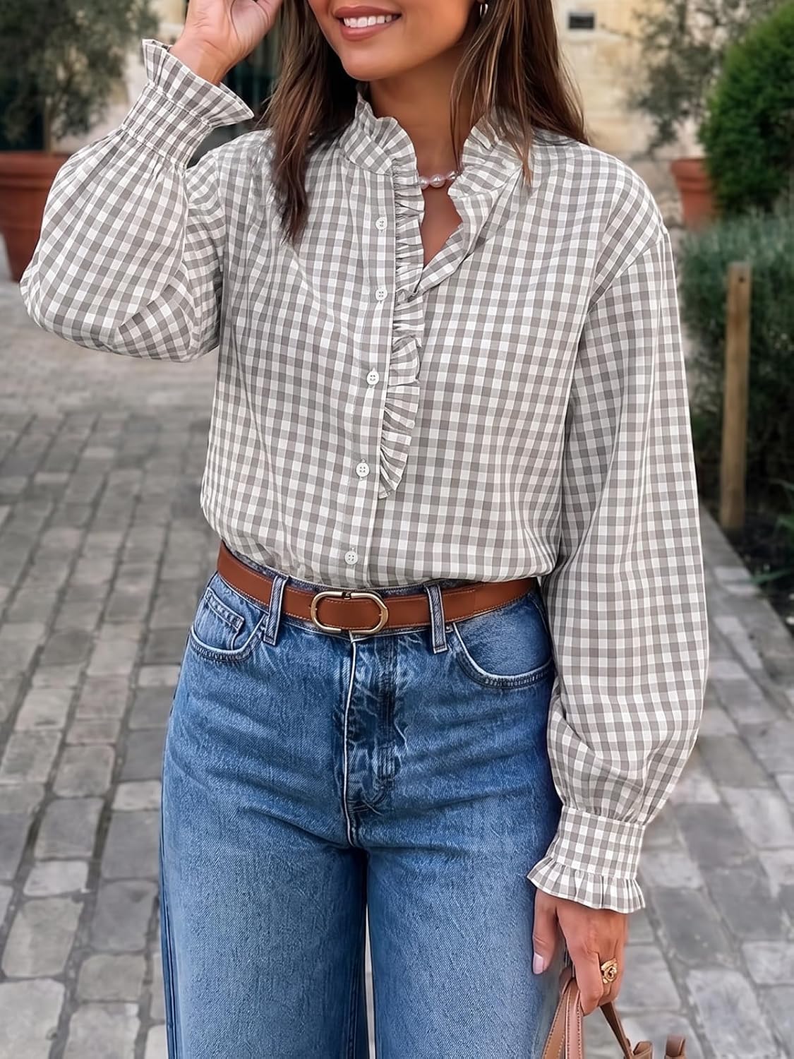 Cicy Bell Womens Plaid Shirts Ruffle Puff Long Sleeve V Neck Gingham Tops | Trendy Casual, Button Down, Work Casual, Checkered Blouses, Loose Fit