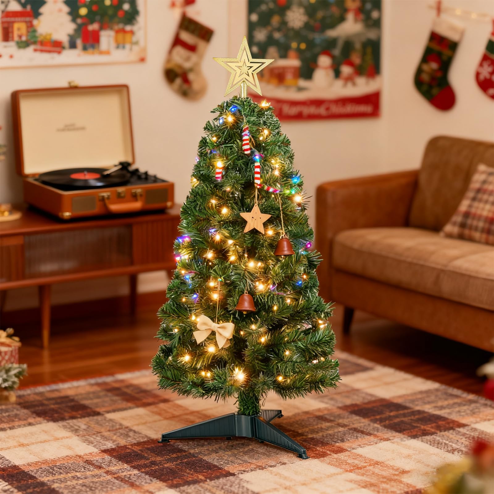 ELYKEN Mini sapin de Noël artificiel de 0,9 m avec lumières LED, décoration de Noël pour table, chambre à coucher, intérieur, extérieur, vert