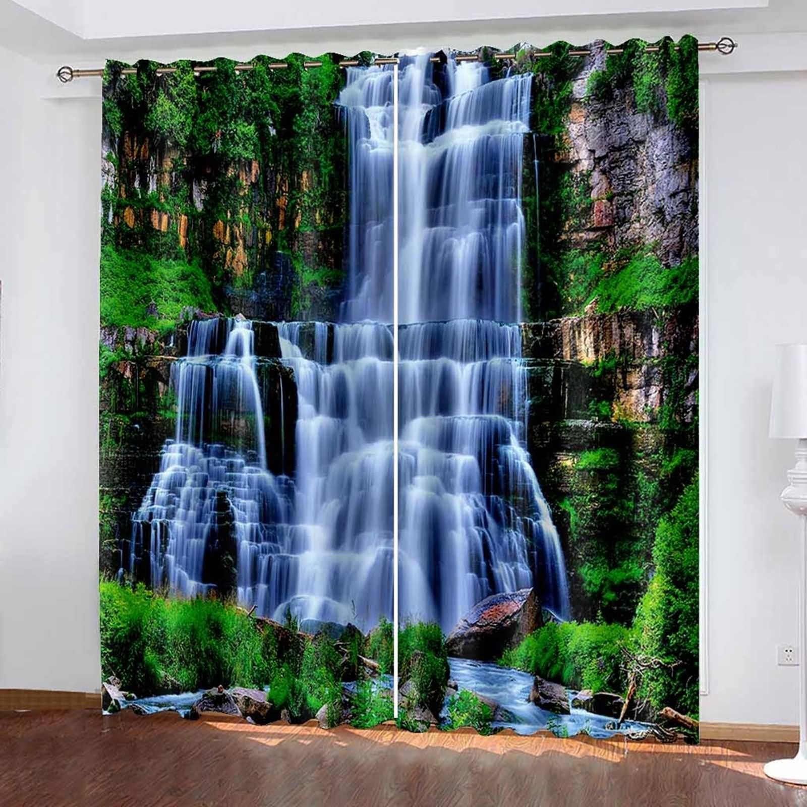 Zasłona zaciemniająca okienna, zasłona zaciemniająca kuchnia biały zielony naturalny wodospad krajobraz poliester 2 panele 274x274cm
