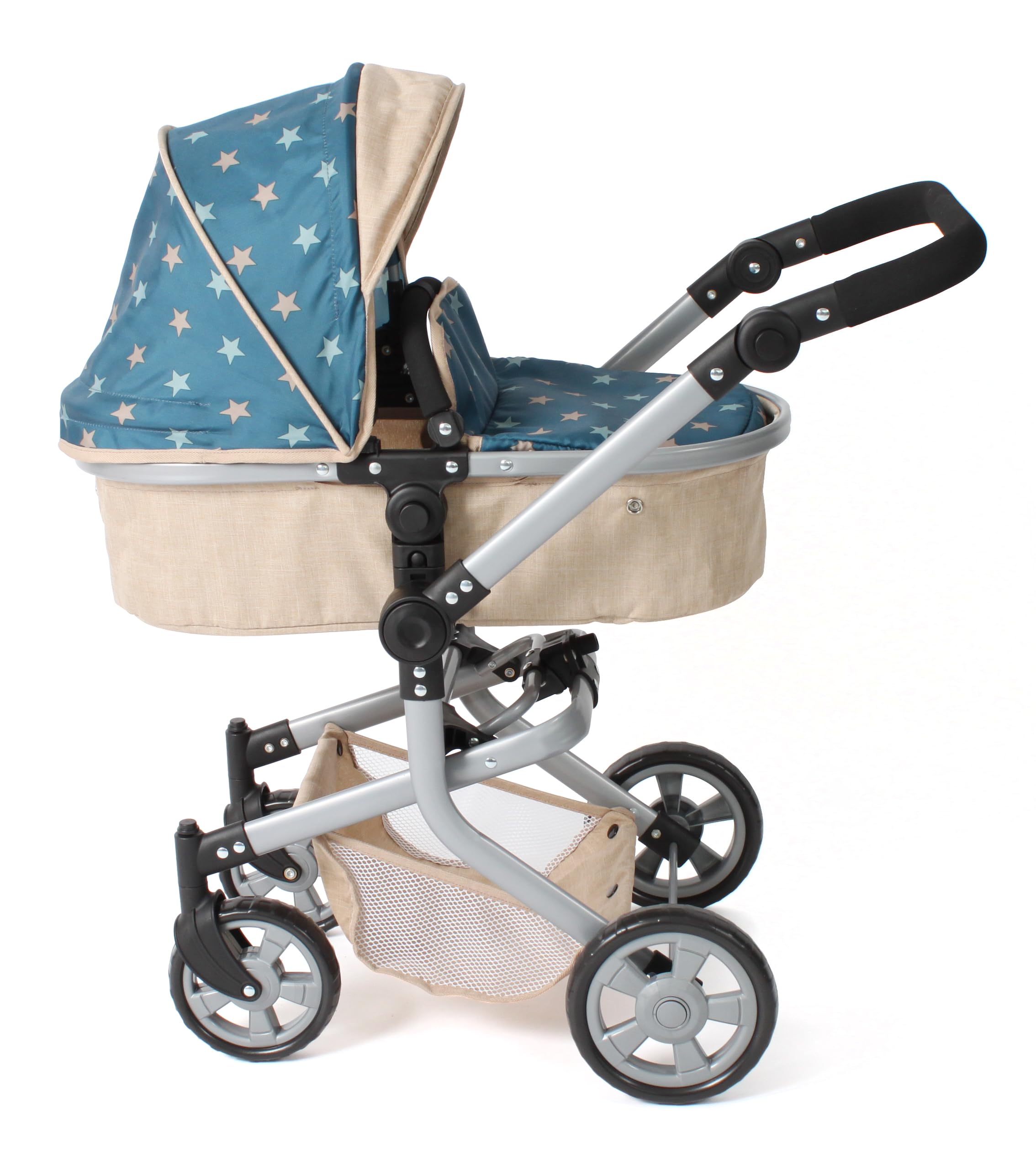Bayer Chic 2000® Poussette pour poupée Mika 2 en 1 - Étoiles Beige-Turquoise - Pliable - Poignée réglable en Hauteur 47-80 cm - Cadre Moderne - Poupées jusqu'à 52 cm - 4-8 Ans