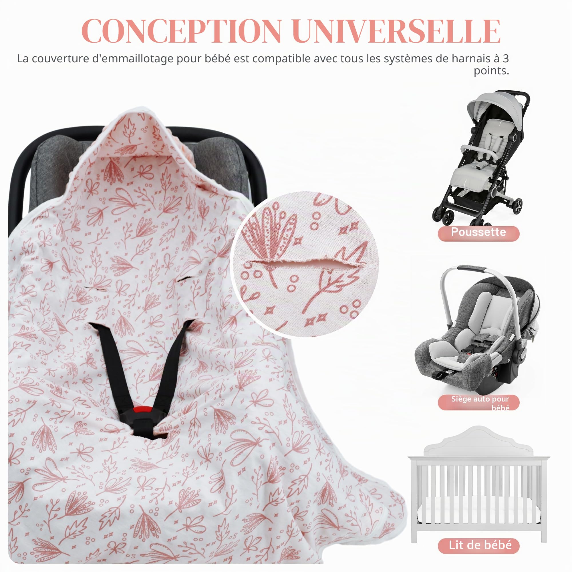 Couverture enveloppante pour nacelle, poussette, douillet, 90 x 90 cm, 100 % coton, couverture toutes saisons, universelle pour siège auto, buggy, rose