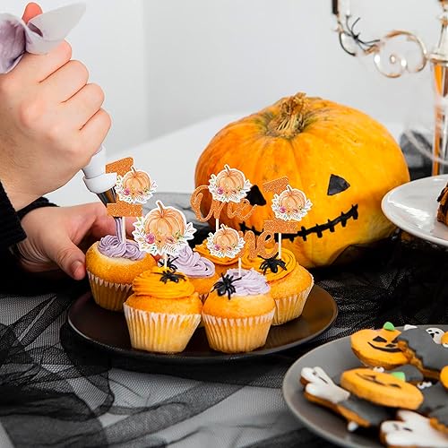 Miniatura 5 de Paquete de 24 adornos de calabaza para el primer cumpleaños para cupcakes, palillos de dientes de comida para primer cumpleaños, decoración de