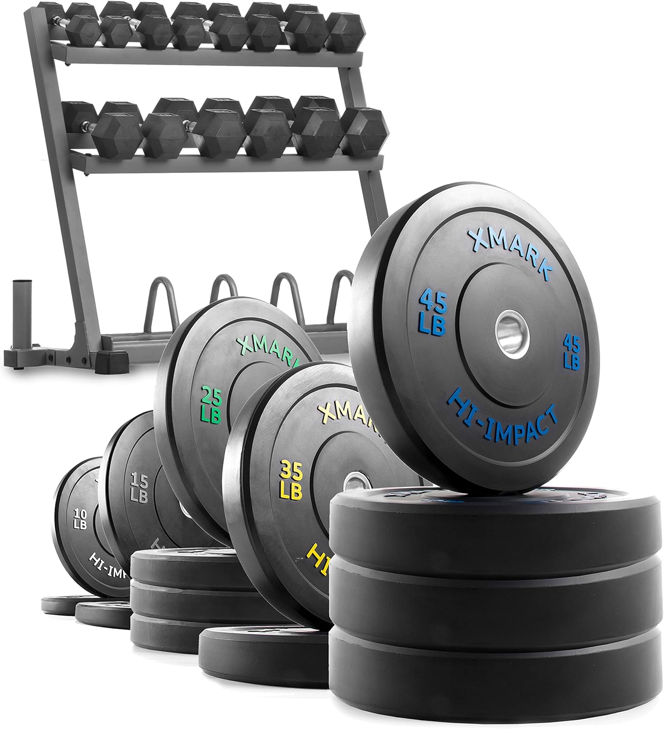 XMark Bumper POWERRACK DLX II, AllinOne Dumbbell, Plate and Bar Storage Includes