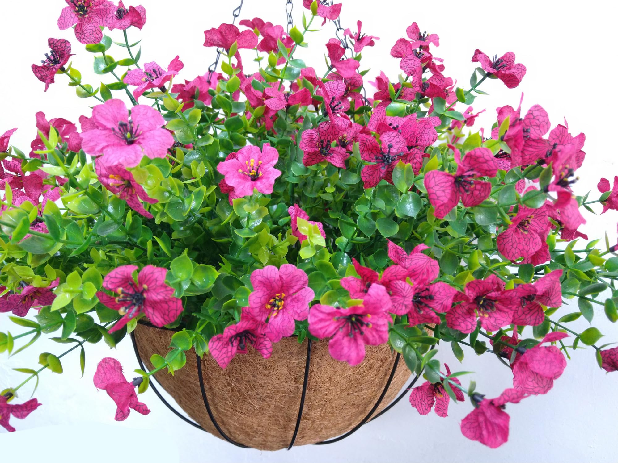 Home Decoration Silk Fabric Fake Flowers DIY Chain Hanging Basket Parlor Garden Wedding Ornaments Cute Pink Artificial Flower Eucalyptus Magnolia (Pink - Big basket)