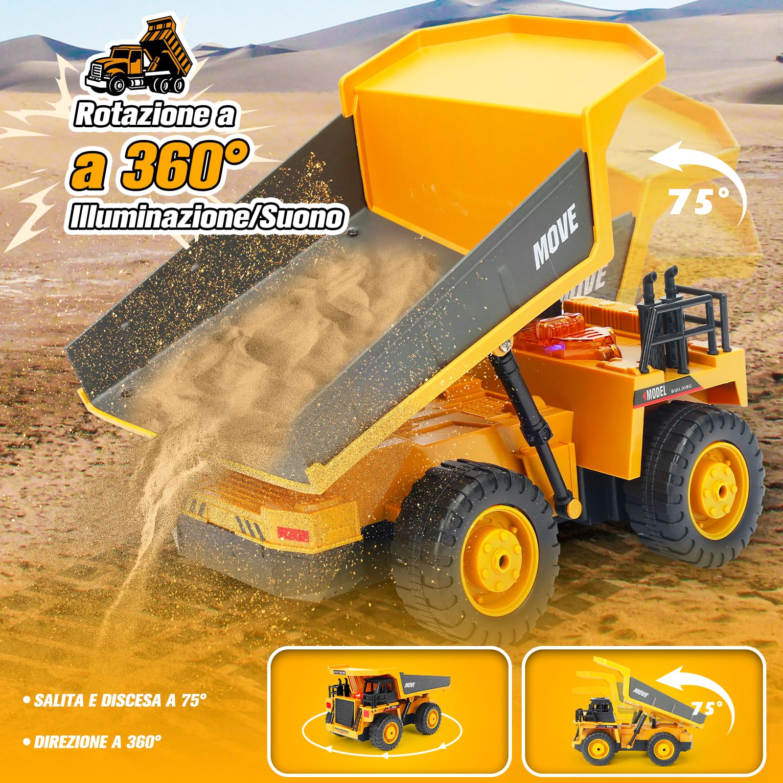 Autocarro con Cassone Ribaltabile Telecomando 2.4GHz Veicolo da Costruzione RC per Bambini Regalo Maschi Femmine di 3 4 5 6 7 8 Anni per Interno ed Esterno