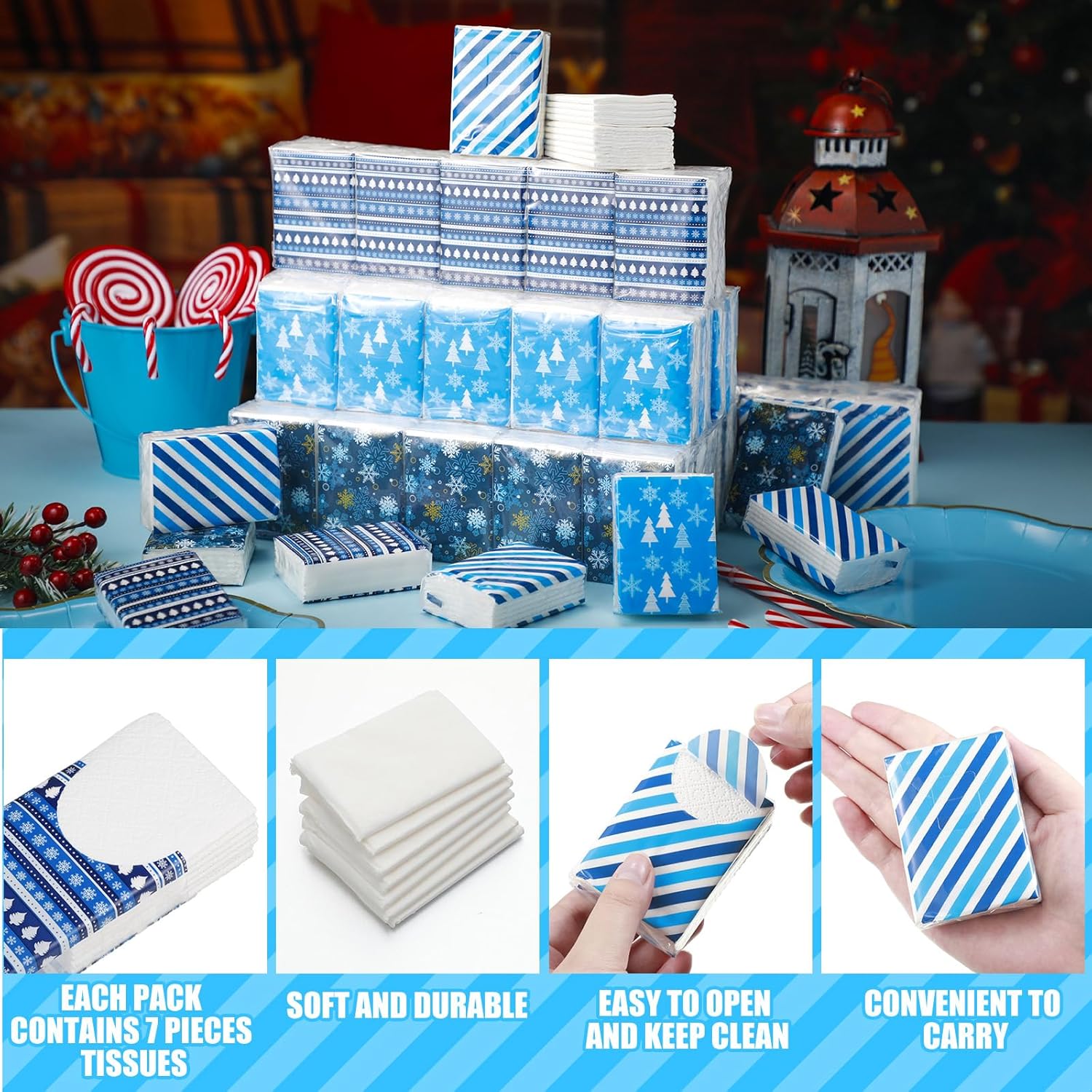 Kisston 120 Pack Christmas Pocket Tissues Bulk 3 Ply Individual Facial Tissues Travel Size Tissue Packs for Guests Christmas Holiday Stocking Stuffers Winter 840 Sheets(Blue Series)