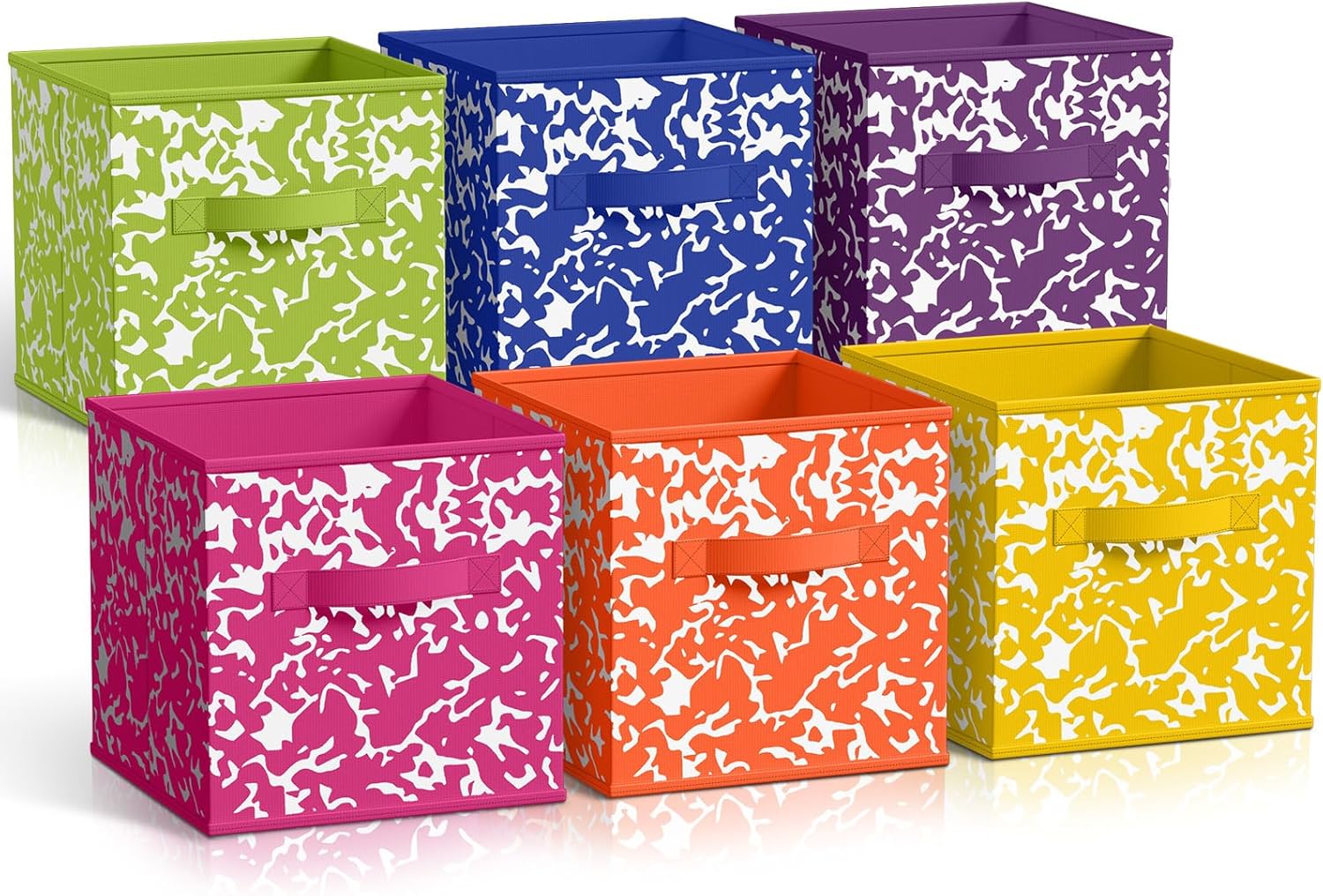 LemonRoad 6 Fabric Storage Cubes 11 Inch Foldable Marble Storage Bins for Organizing Pantry, Toy Box, Clothes Closet Collapsible Baskets for Shelves School Organizing with Handle(Black, Classic Style)