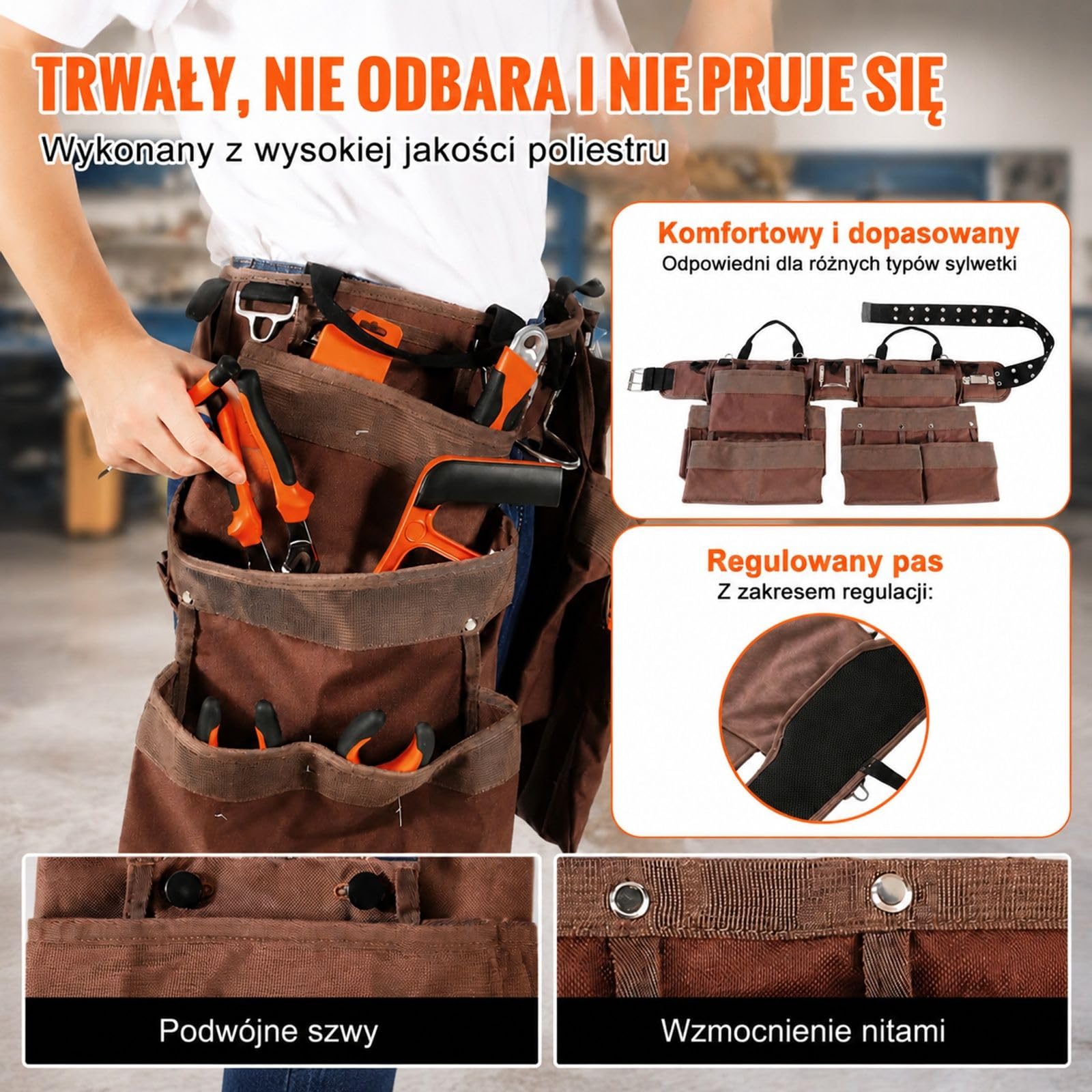 Pas narzędziowy stolarski z torbą budowlaną, 19 kieszeni, do prac ciesielskich i remontowych