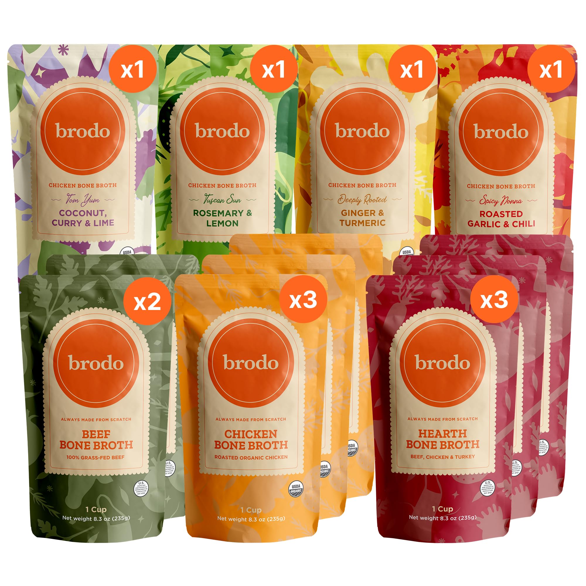 Brodo Bone Broth Bundle, Variety and Classic Packs, 8.3 oz (12 Cups Total)