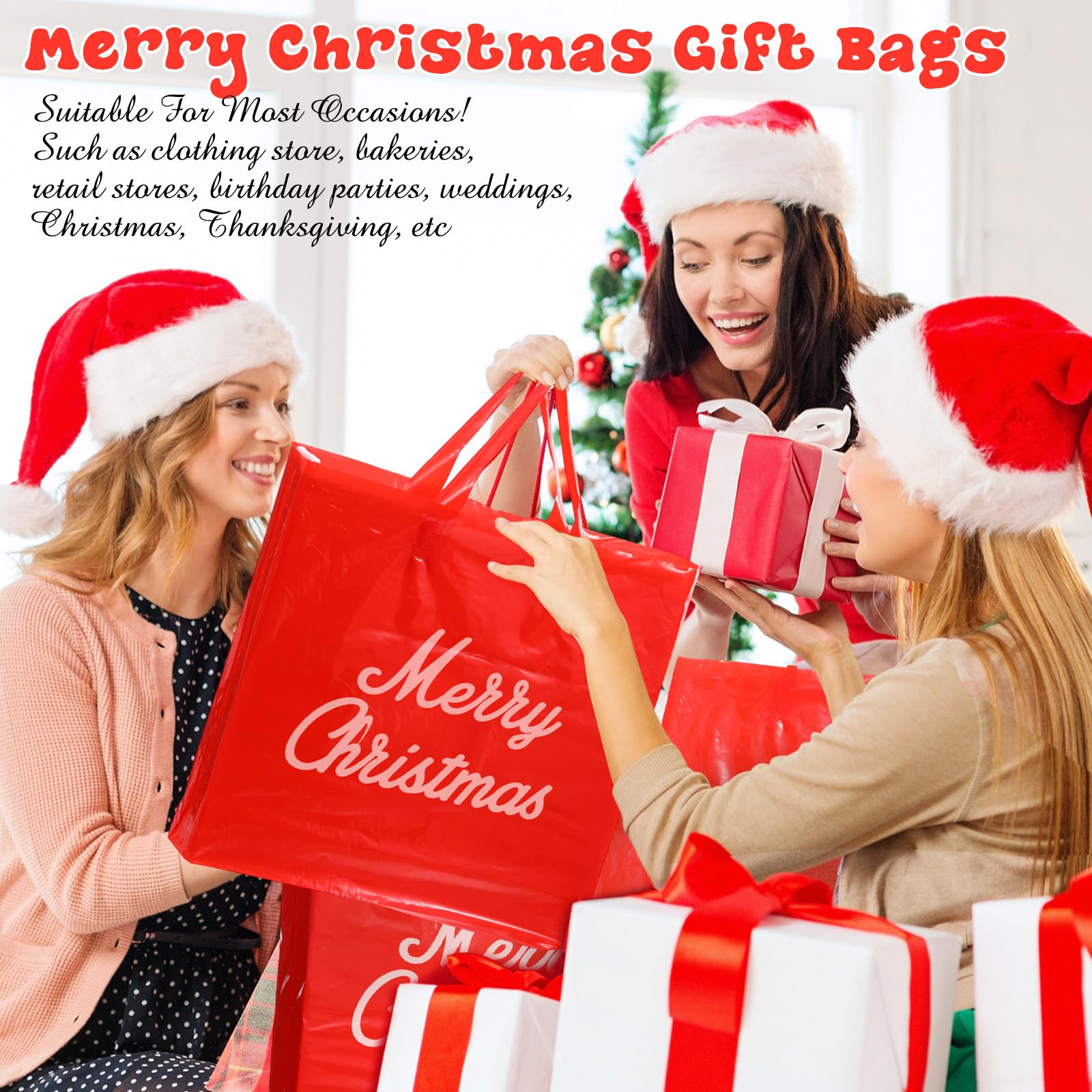 Teling Lot de 120 sacs cadeaux de Noël avec poignée - 3 tailles - Multifonctionnels - En plastique - 15,2 x 20,3 cm - 22,9 x 30,5 cm - 30,5 x 38,1 cm - Pour fournitures de fête de Noël, affaires