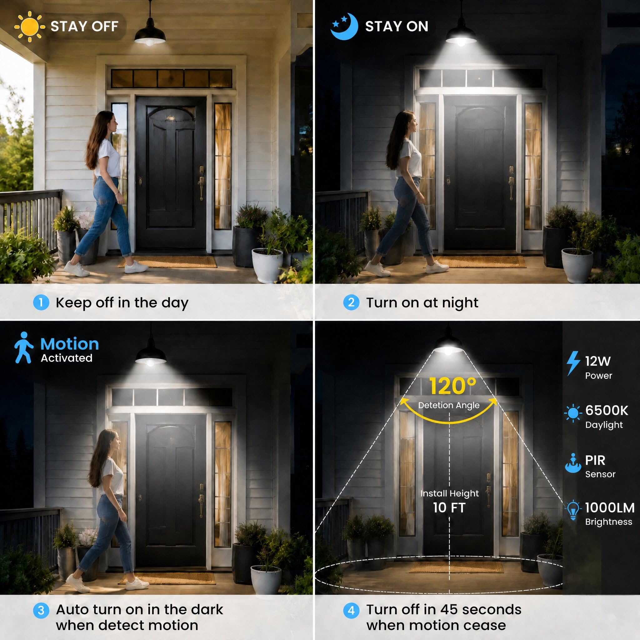 Aukora Lampadine con sensore di movimento, 12 W (equivalente a 100 Watt), attacco E26, con sensore di movimento, lampadina di sicurezza per esterni/interni, per porta d'ingresso, garage, cantina,