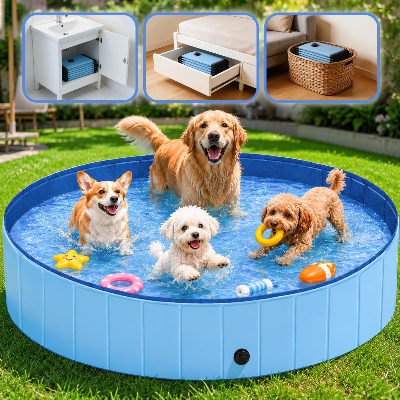 Hundepool für Mittel- und Großhunde, Planschbecken für Hunde 160 x 30 cm, Tragbarer Außen-Hundebadewanne mit Schnellablaufventil, Auslaufsicherer Planschpool für Garten & Terrasse (L - Ø160cm)