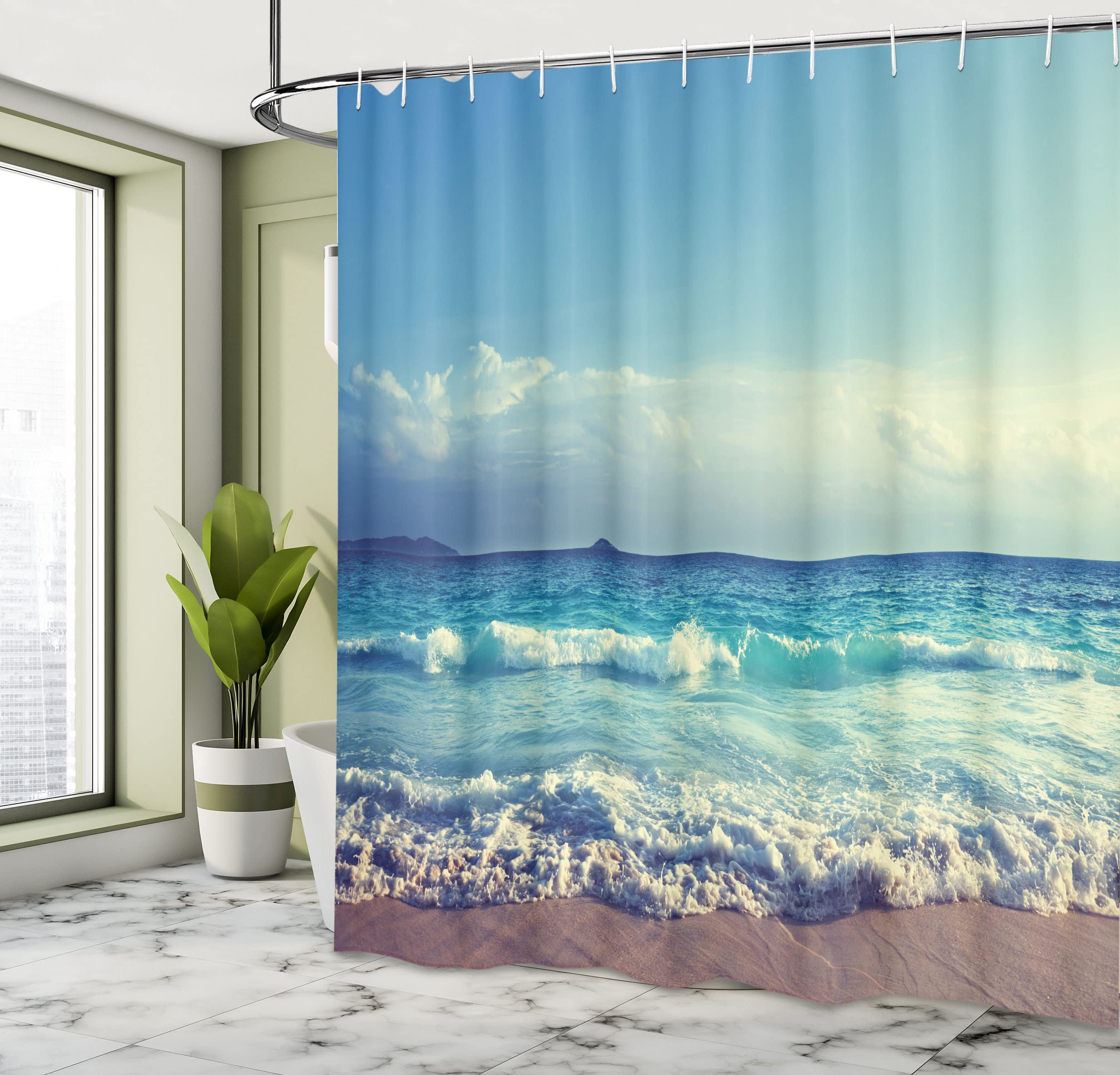 ABAKUHAUS Tropical Island Shower Curtain, Ocean Waves on Seychelles Beach at the Sunset Time Skyline - Image 4