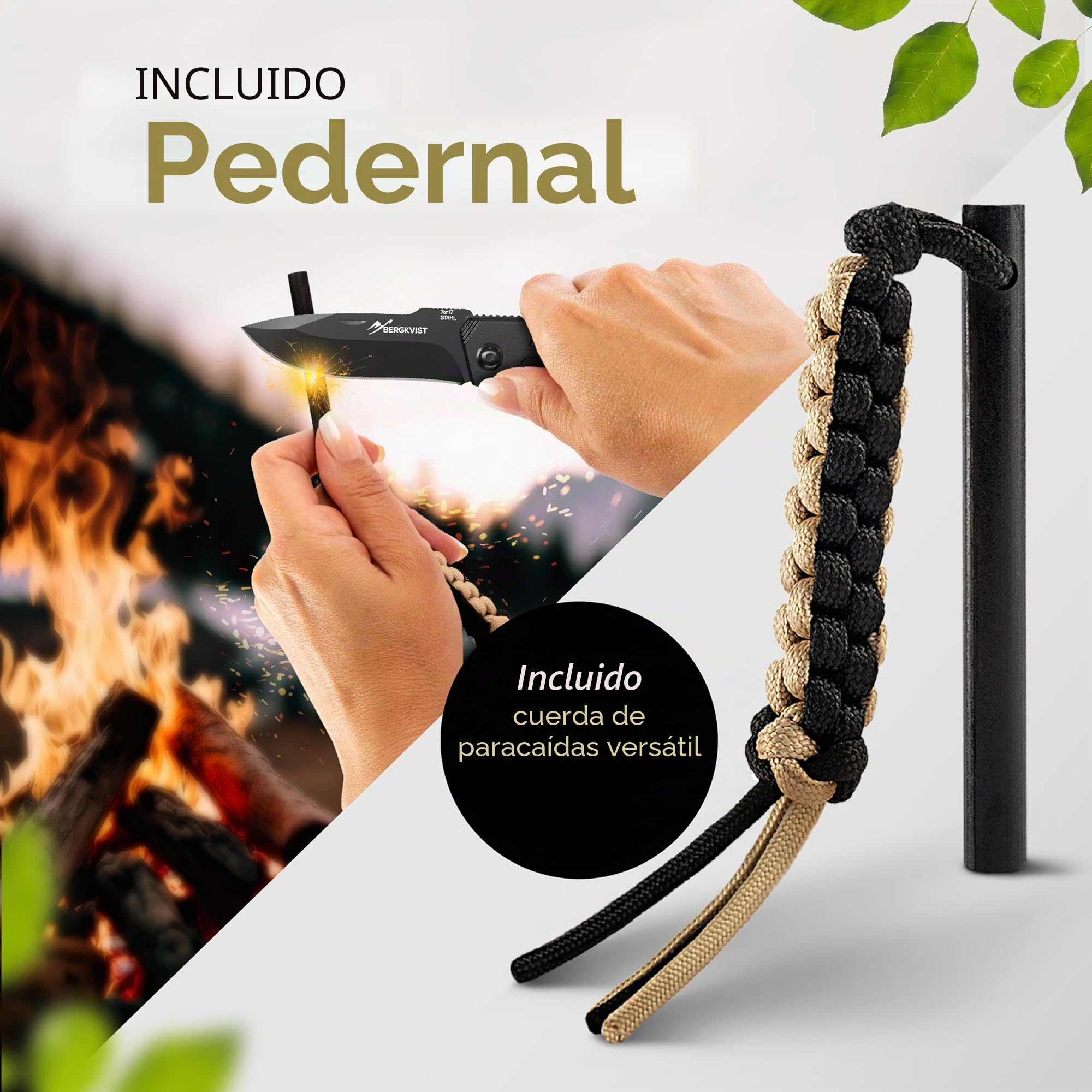 BERGKVIST® K10 Cuchillo plegable [navaja de dos manos], negro | Navaja afilada para exteriores, supervivencia o caza, con acero al fuego y funda de cinturón, todo metal