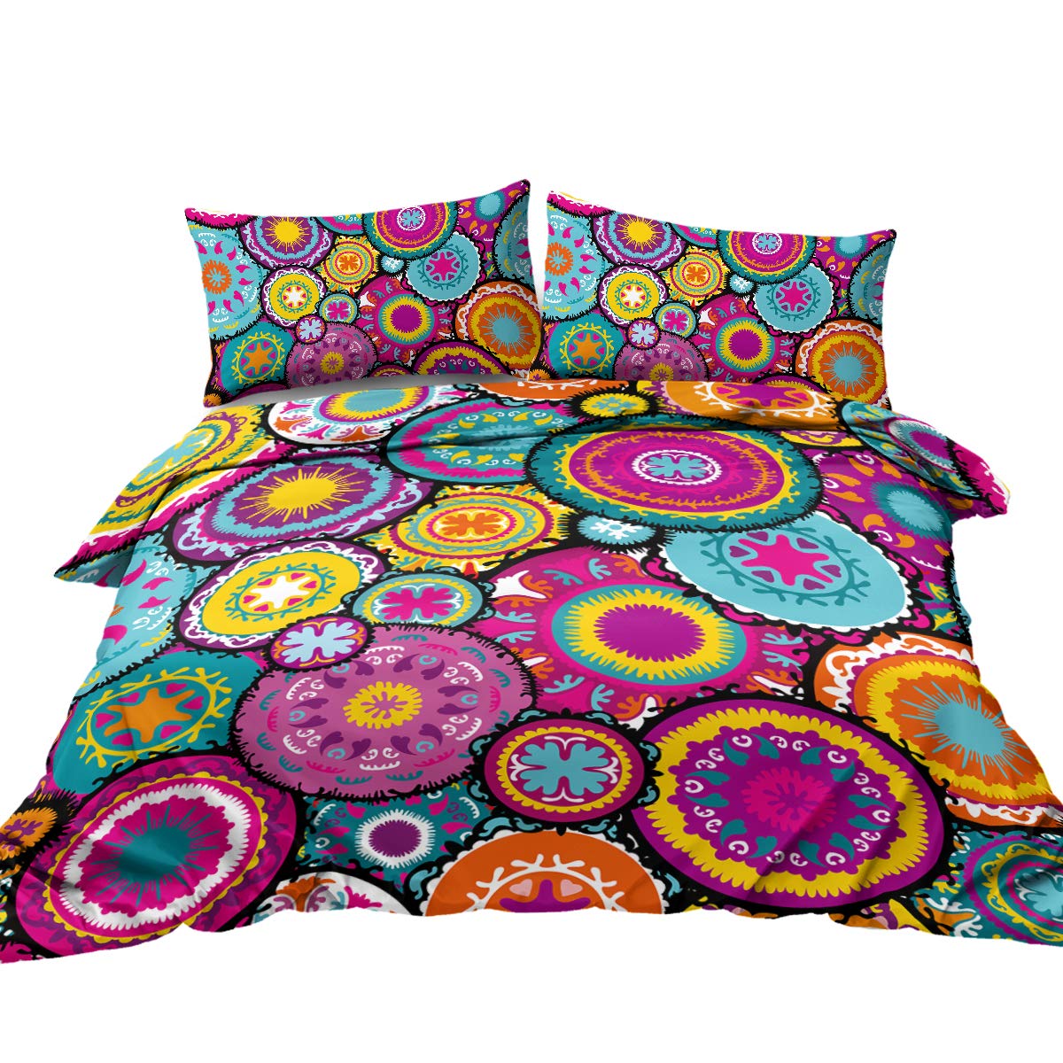 BlessLiving Boho Bedding Colorful Moroccan Duvet Cover Purple Pink Teal Orange 3 Piece Medallion Bedspread Full Size