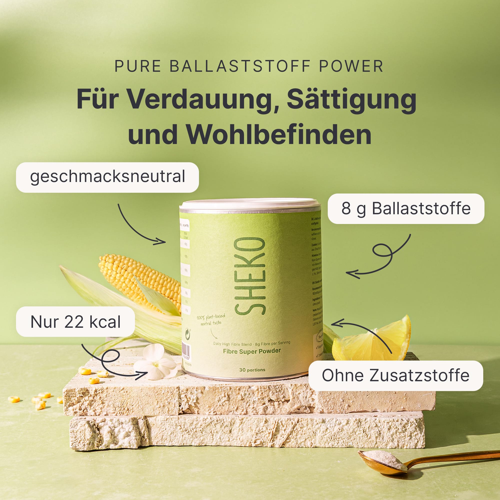 SHEKO Ballaststoffpulver 300g (30 Portionen) – Hochdosierte Ballaststoffe für Verdauung & Darmgesundheit – Sättigend, Vegan & Laktosefrei – Lösliches Fiber Pulver für Diät, Abnehmen & Wohlbefinden
