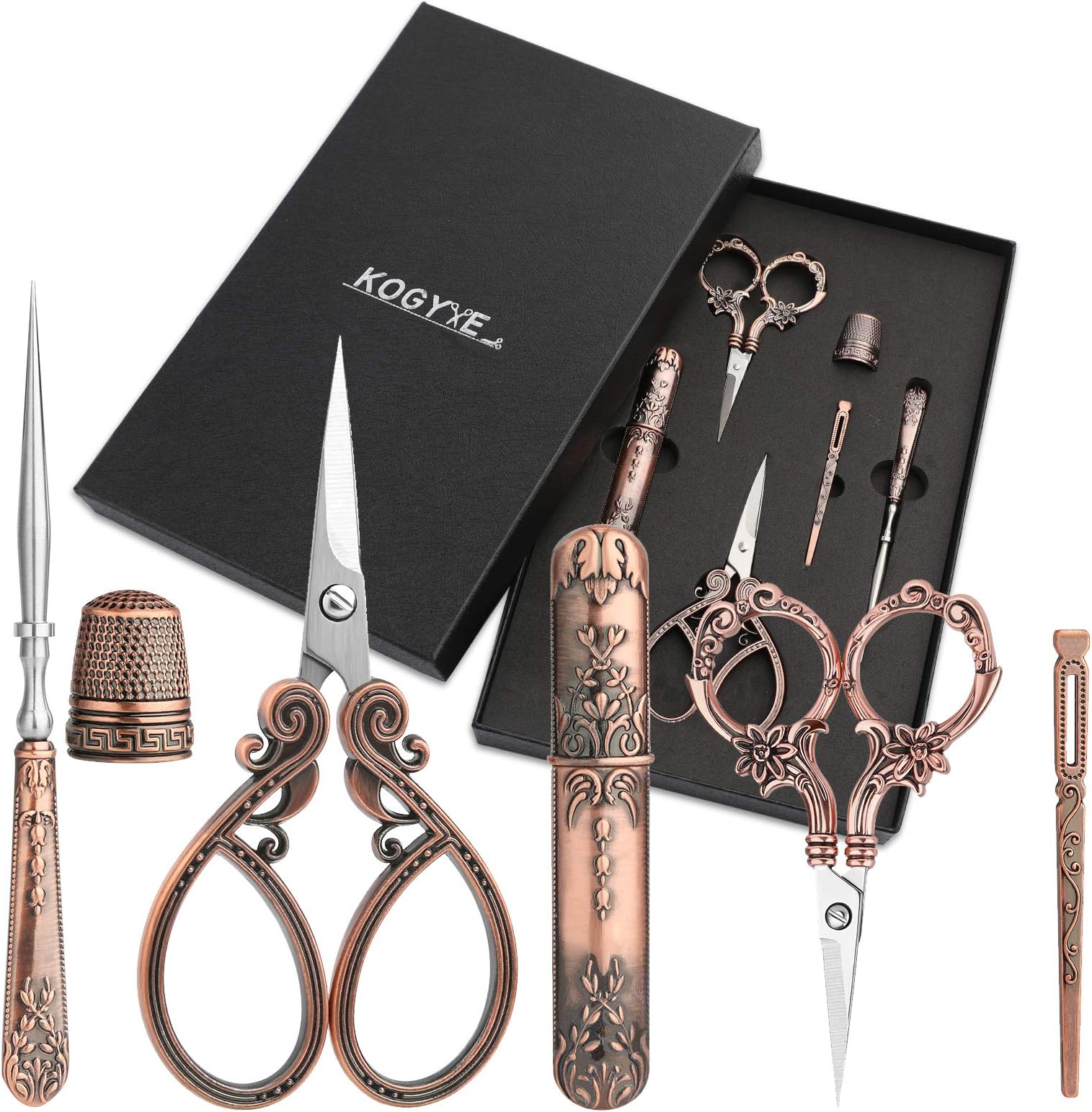 Embroidery Scissors Kits Include 2 Pairs Vintage Scissors, European Style Sewing Tools with Sewing Needle Case, Thimble, Threader, Complete Sewing Kit for Embroidery, Needlework (Red Copper)