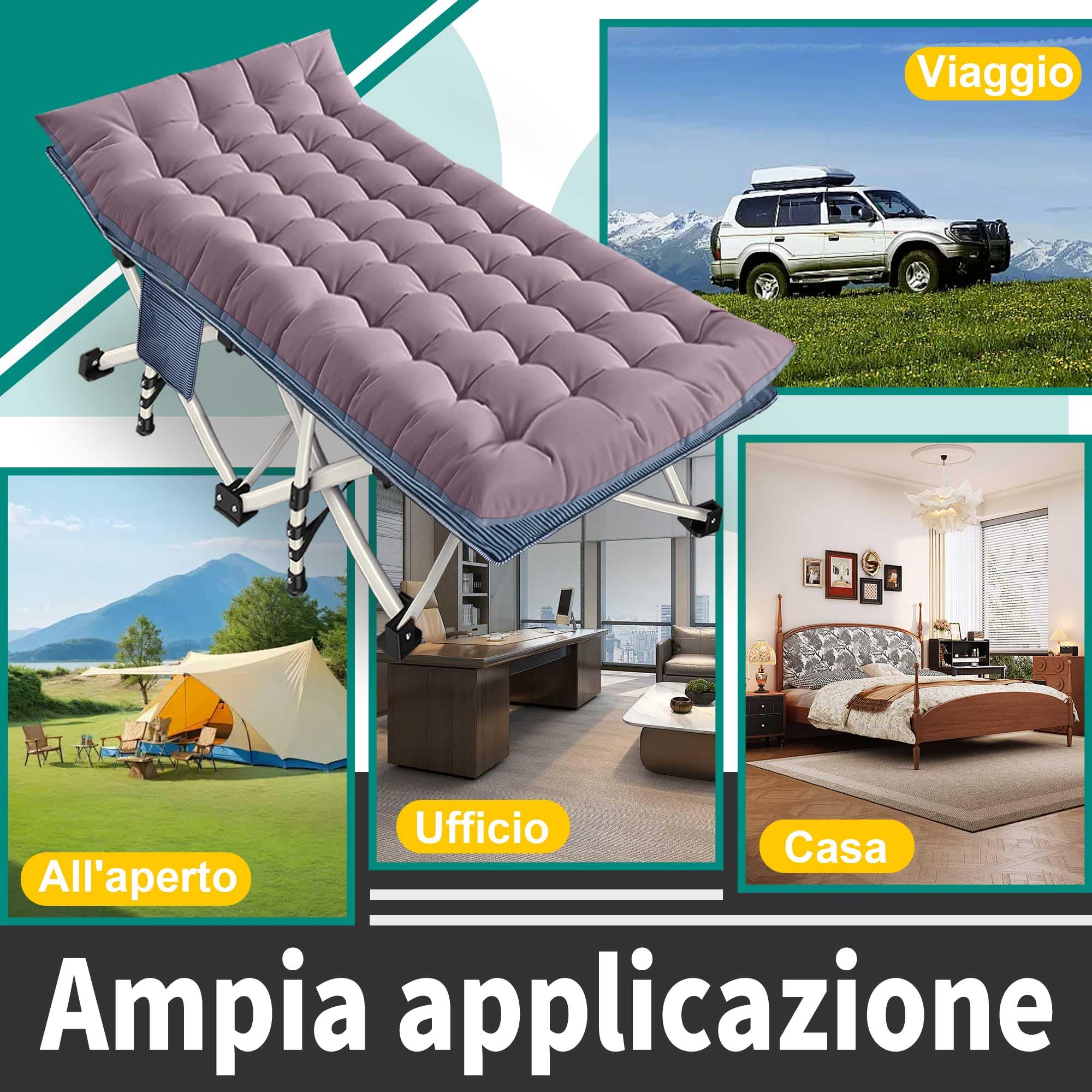 Letto da campo XXL pieghevole, extra largo 81 cm, con materasso, per adulti, letto da campeggio, capacità di carico 250 kg, letto pieghevole con tasca laterale, lettino da campeggio portatile, per
