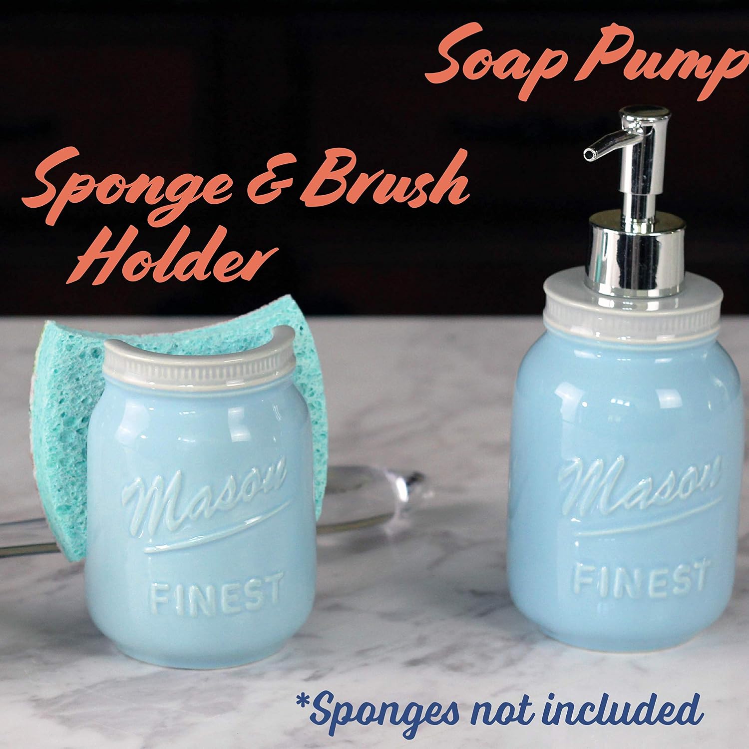 Sparrow Decor Mason Soap Pump & Sponge Holder Set (Blue)