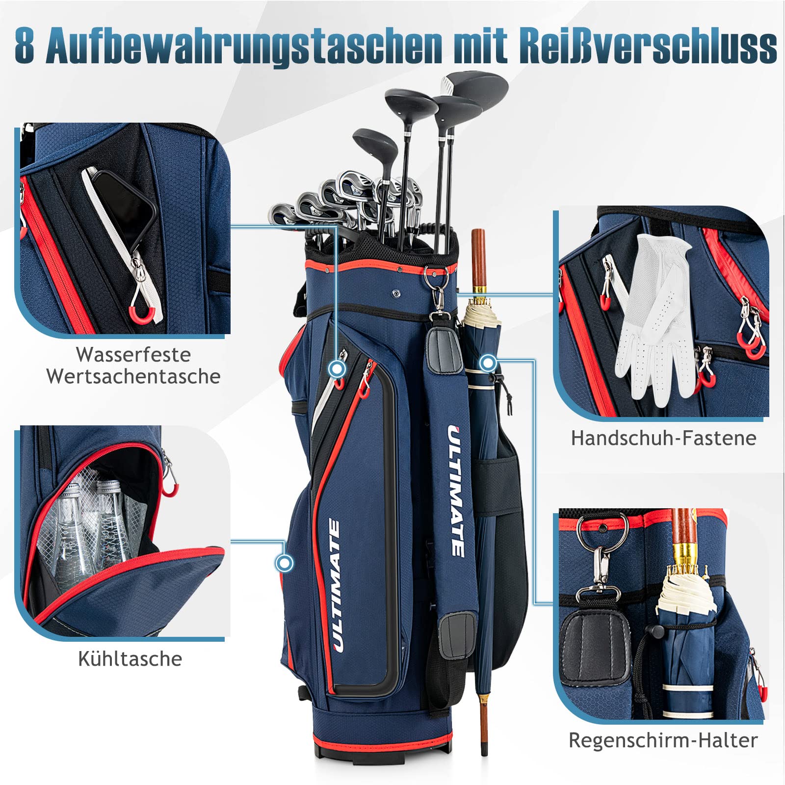 GYMAX Golftasche für bis zu 14 golfschläger, Wasserabweisende Golf-Standtasche mit Regenfülle & Starke Basis, Golfreisetasche mit Griff & Rückengurt, für die Driving Range und Executive Kurse