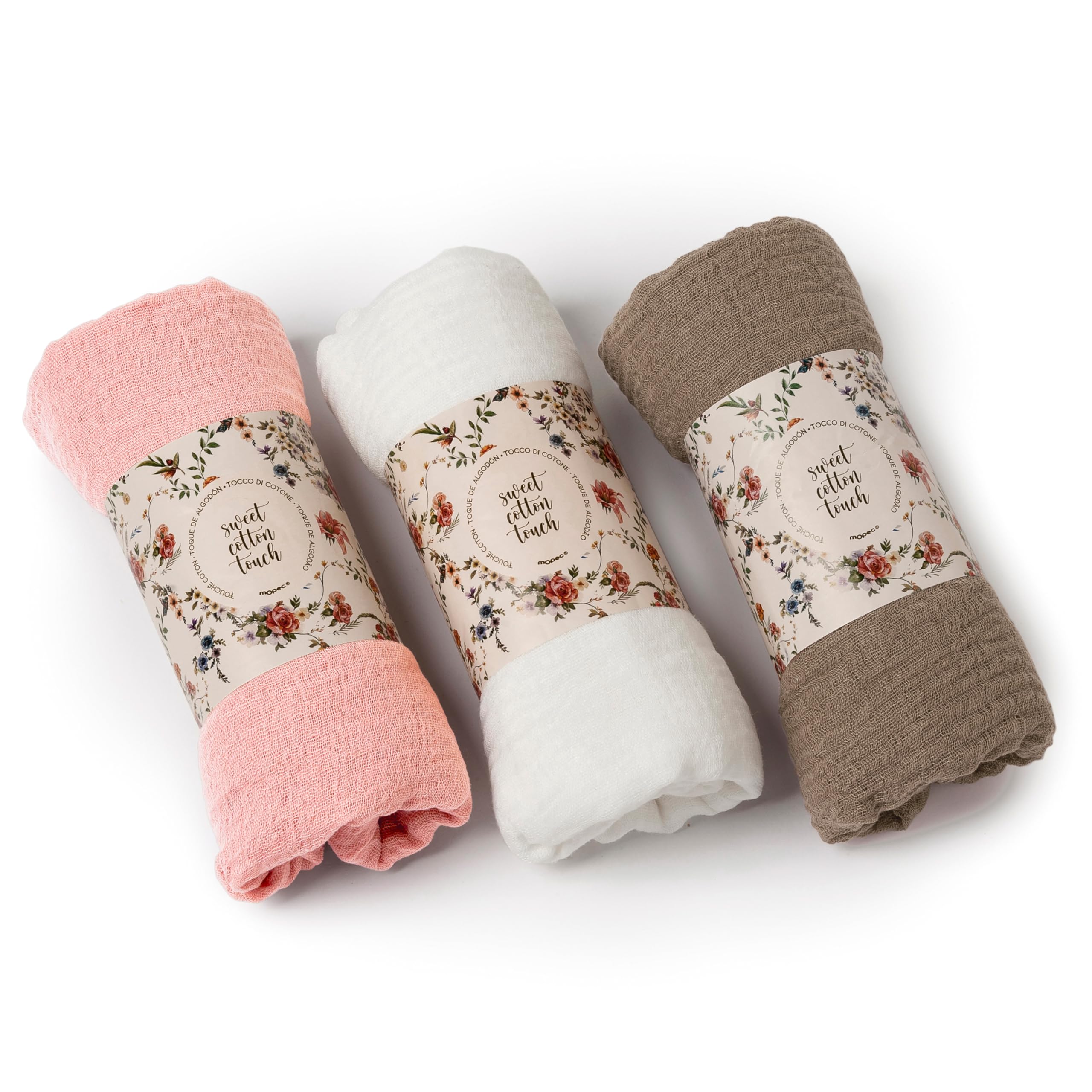 Pack de 3 pashmina rosa francia, blanco y piedra con faja decorativa 180x90cm.