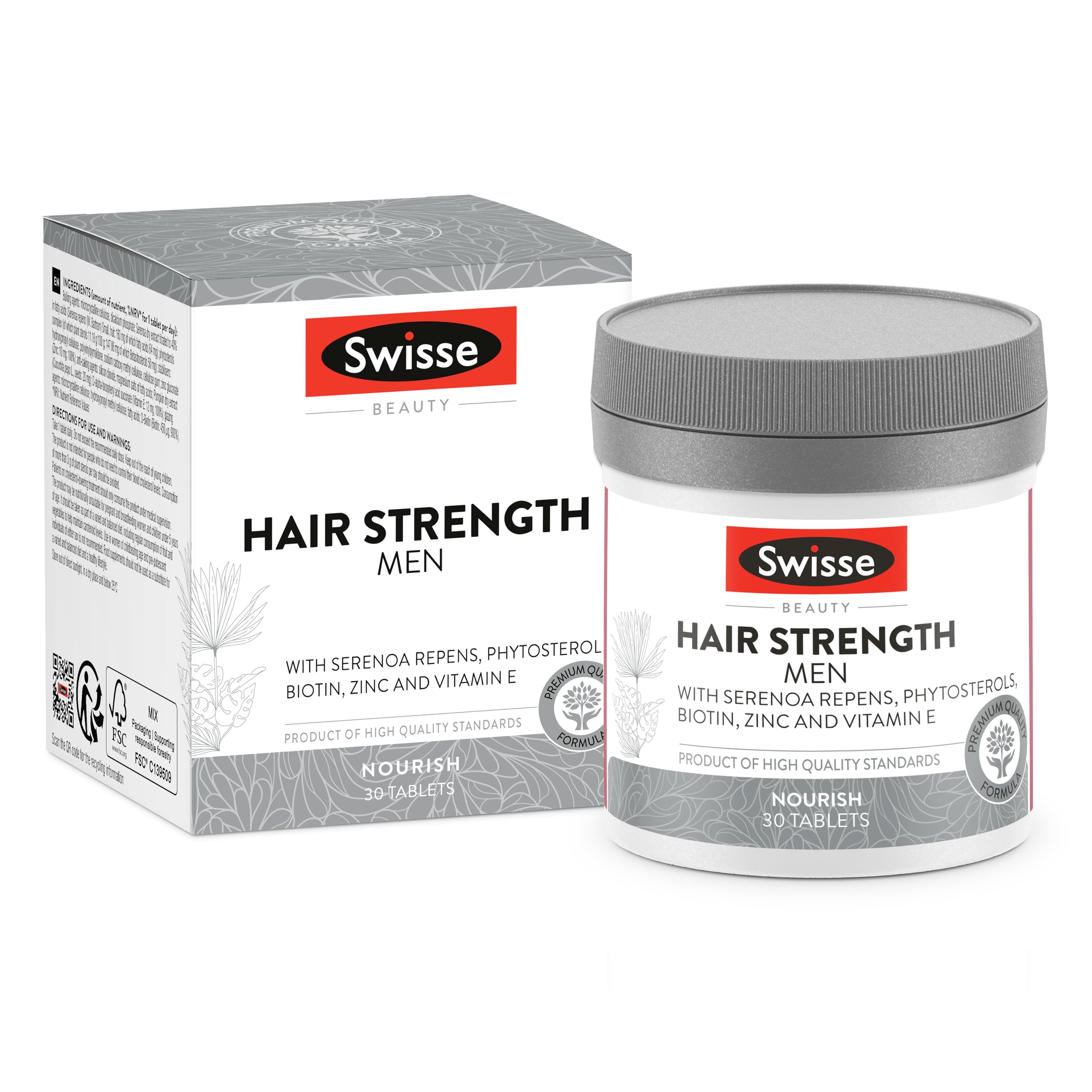 SWISSE Fuerza del Cabello Hombres - Suplemento con Biotina para el Cabello Hombre con Zinc y Vitamina E 30 Comprimidos, Complemento con Vitaminas para el Cabello Fuerte Acción Nutritiva