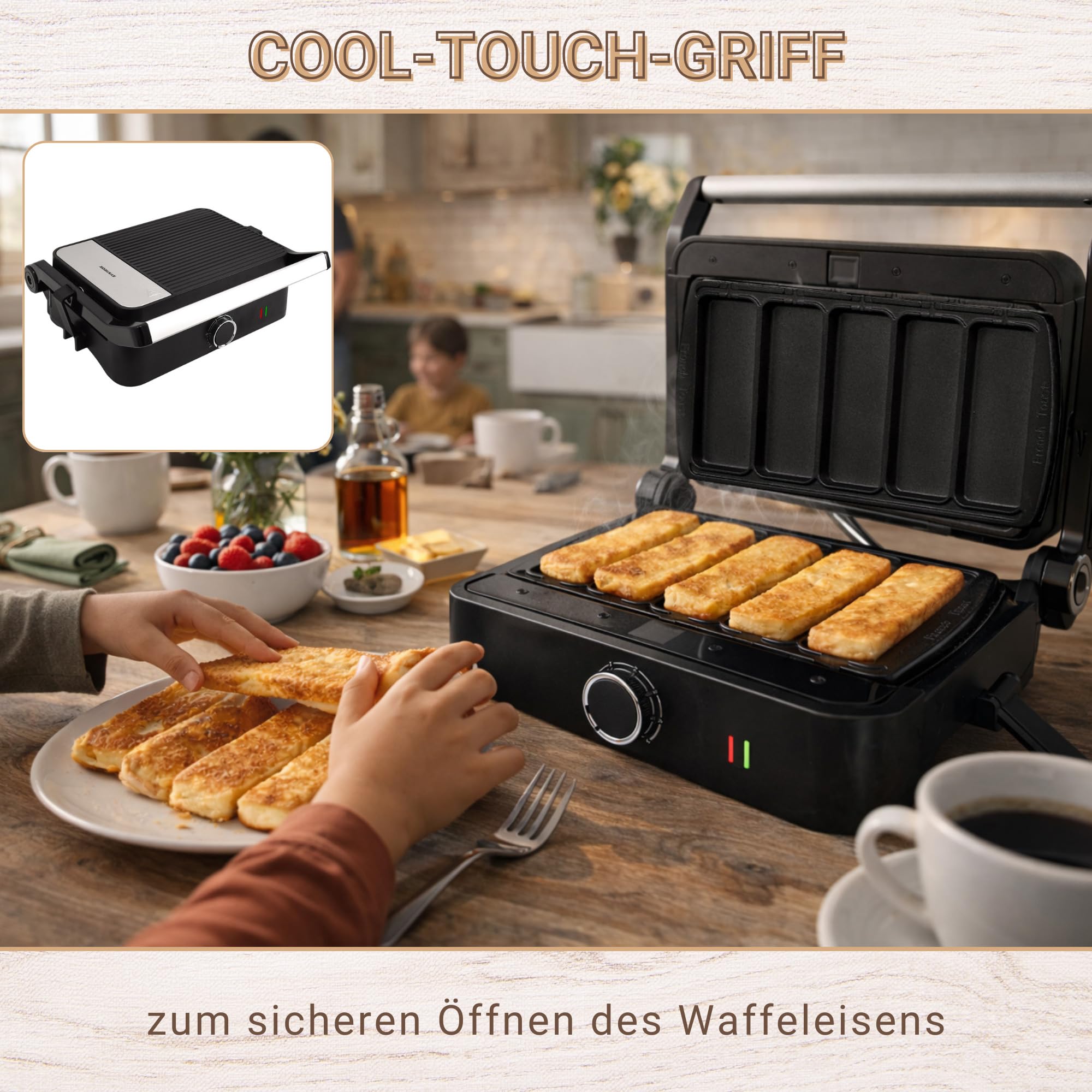 Syntrox French Toast Kombigerät Multifunktionsmaker mit Wechselplatten, Kontaktgrill Edelstahl, Multifunktions Sandwichmaker, mit austauschbaren Platten, multifunktionales Küchengerät