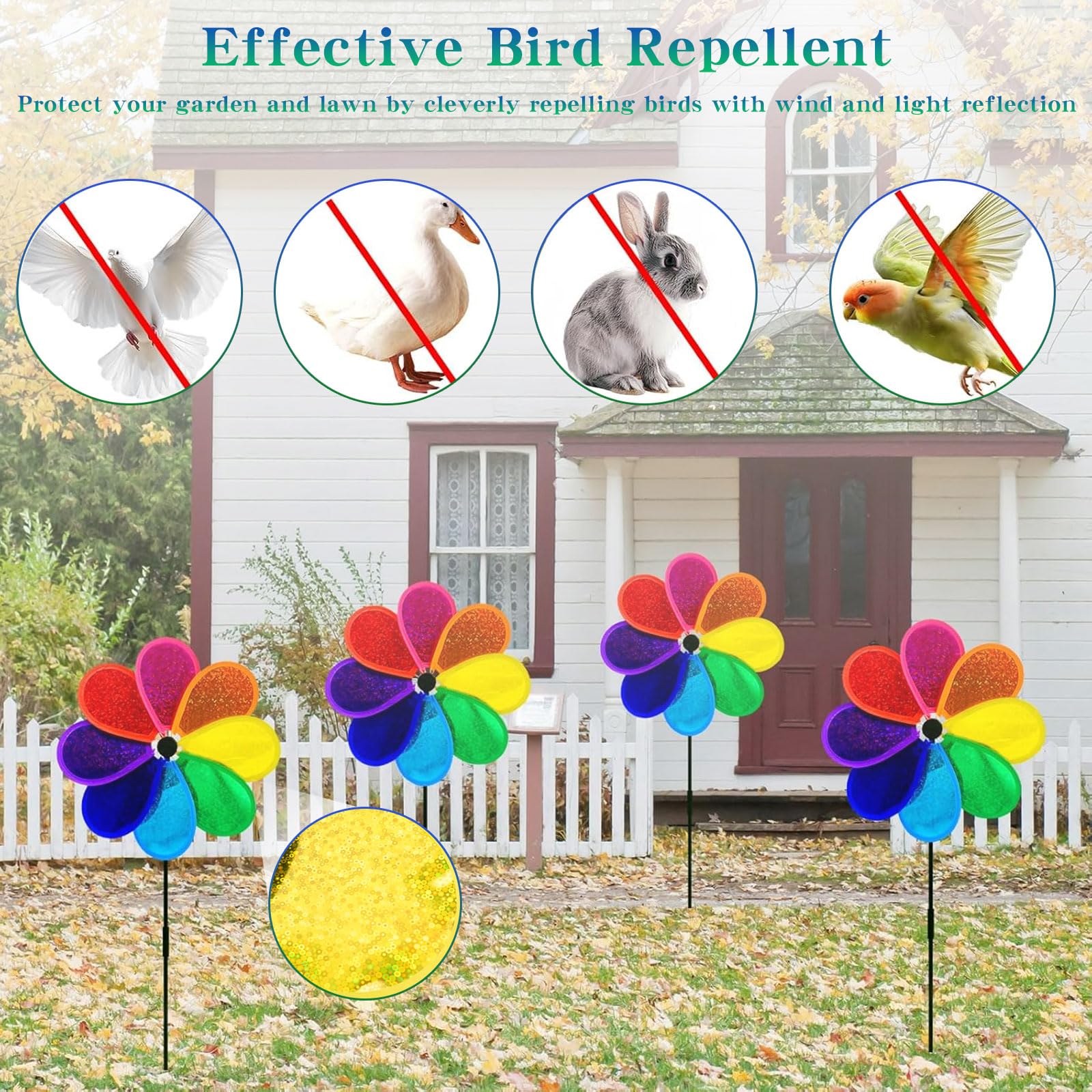 Girandole Spaventa Uccelli, 4 Pezzi Girandole, 30 cm Girandole a Vento, Paillettes a Otto Foglie Girandole da Giardino, Altezza Totale 71 cm, con Punta, per Giardino, Balcone, Prato