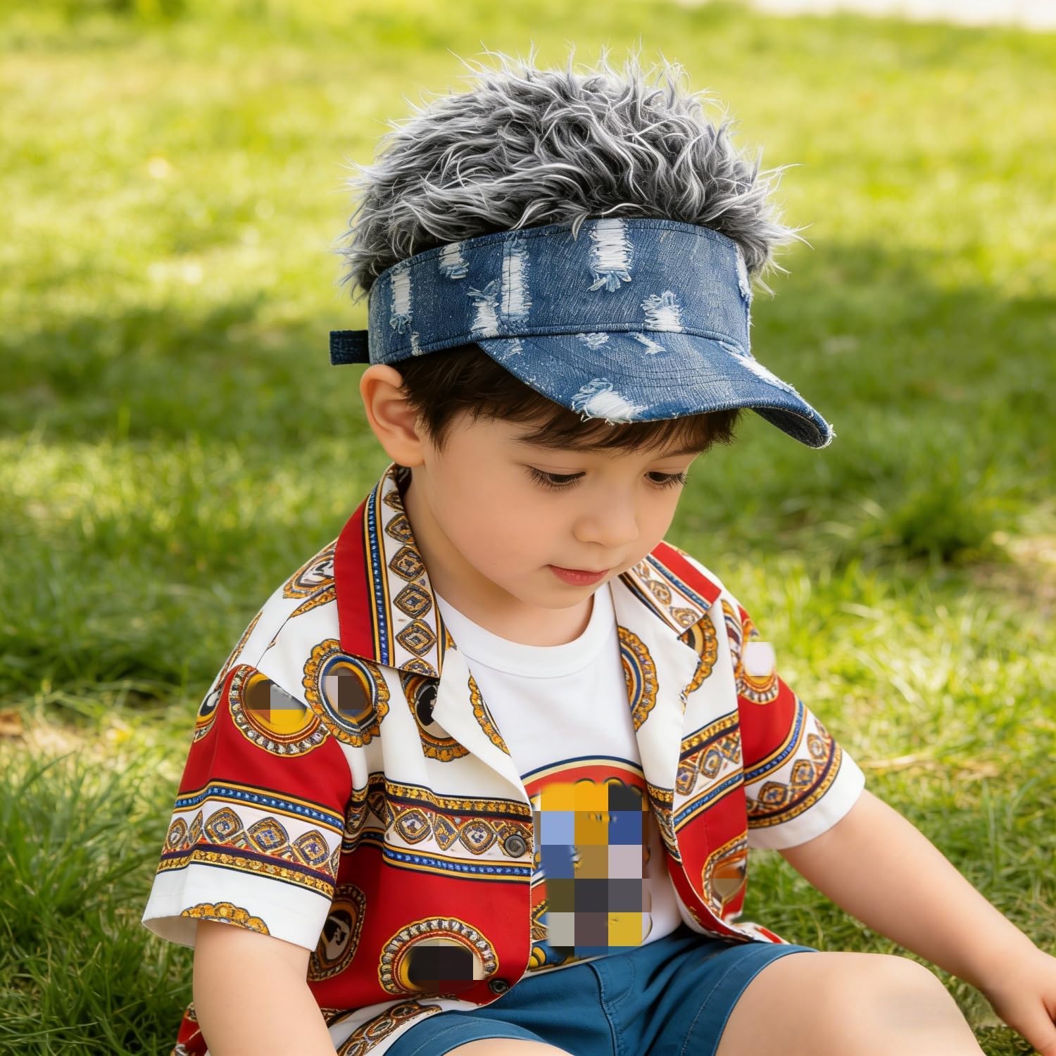 Kids Distressed Denim Wig Visor Hat Adjustable Baseball Cap with Fake Spiked Hair Sun Protection K-Pop Grunge Hat