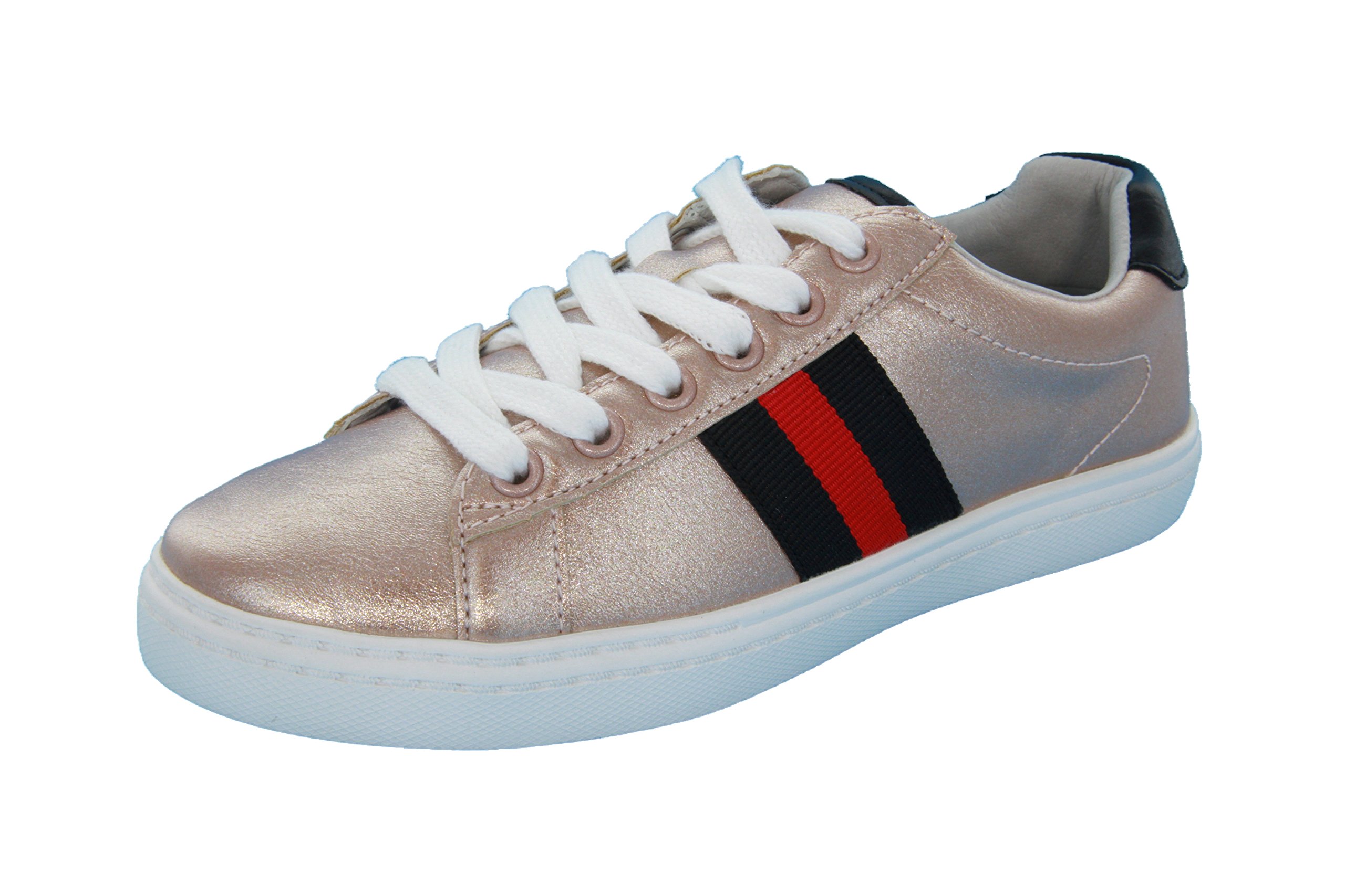 HOO Girls, Boys (Little Kid/Big Kid) Side Stripe Leather Fashion Sneakers, Silver Metallic/Rose Gold