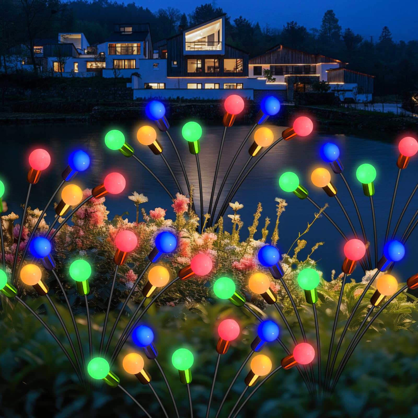 LeaKoor Solar Firefly Lights Outdoor Waterproof - 6 Pack 48 LEDs Firefly Lights Solar Outdoor with 8 Light Modes Swaying Solar Garden Lights Sway by Wind for Pathway Patio Outside-Multicolor