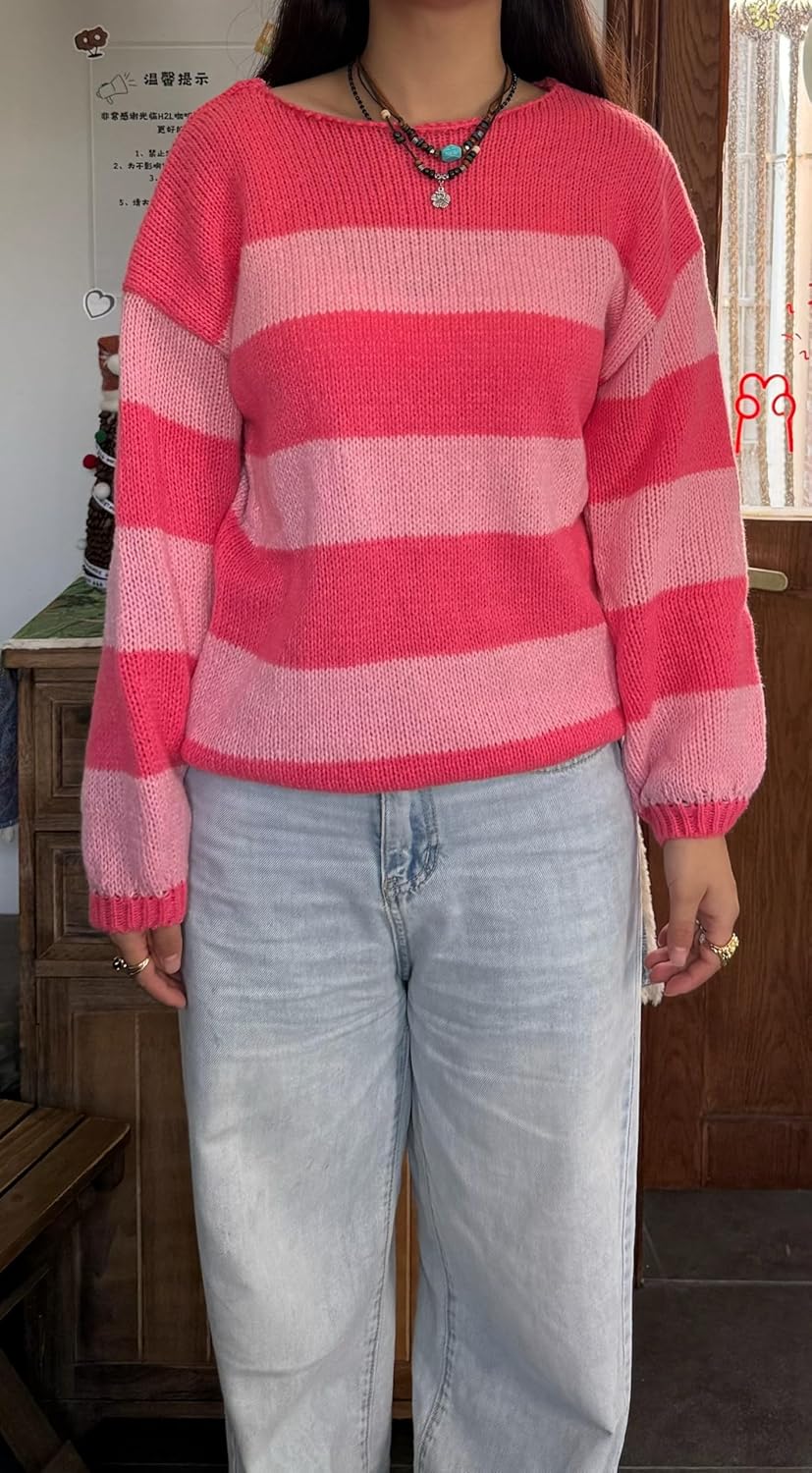Women Striped Knit Sweaters 2026 Oversized Fall Winter Drop Shoulder Color Block Long Sleeve Loose Fit Pullover Tops - Image 2