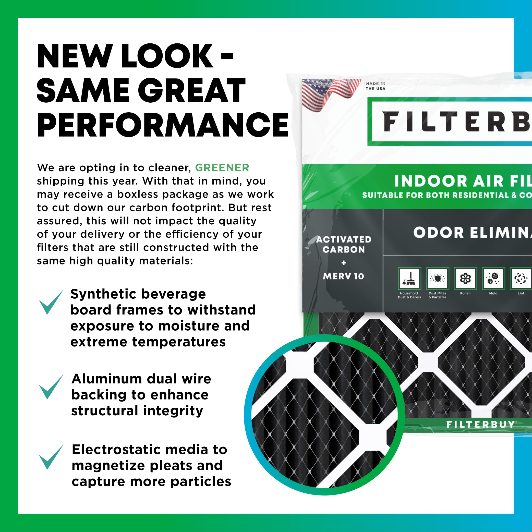 FilterBuy - Filtro de aire eliminador de olores y alérgenos para aire acondicionado, MERV 8, plisado, con carbón activado, 2 unidades